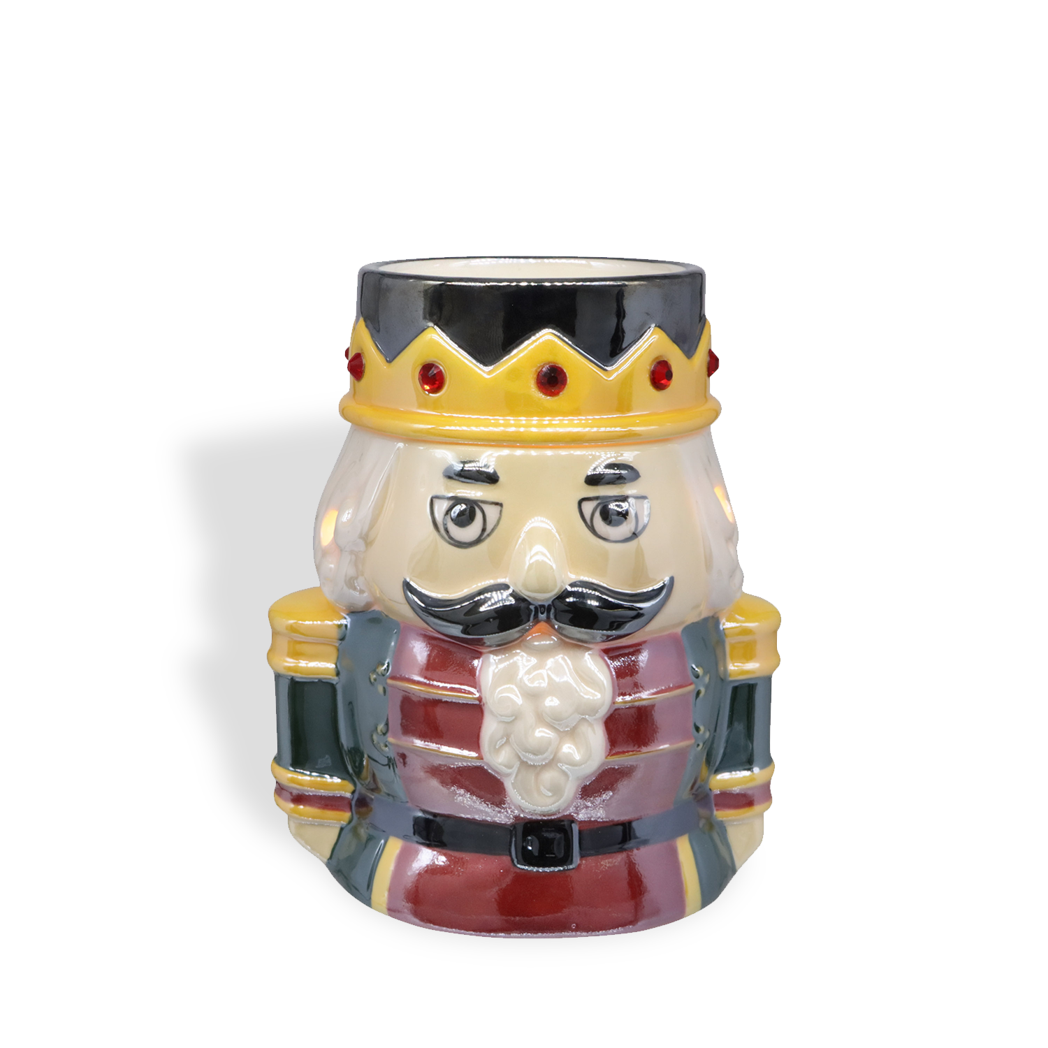The Tuscany Candle® SEASONAL Nutcracker Wax Melt Warmer features a mustache, crown, and colorful uniform, and is displayed against a white background.
