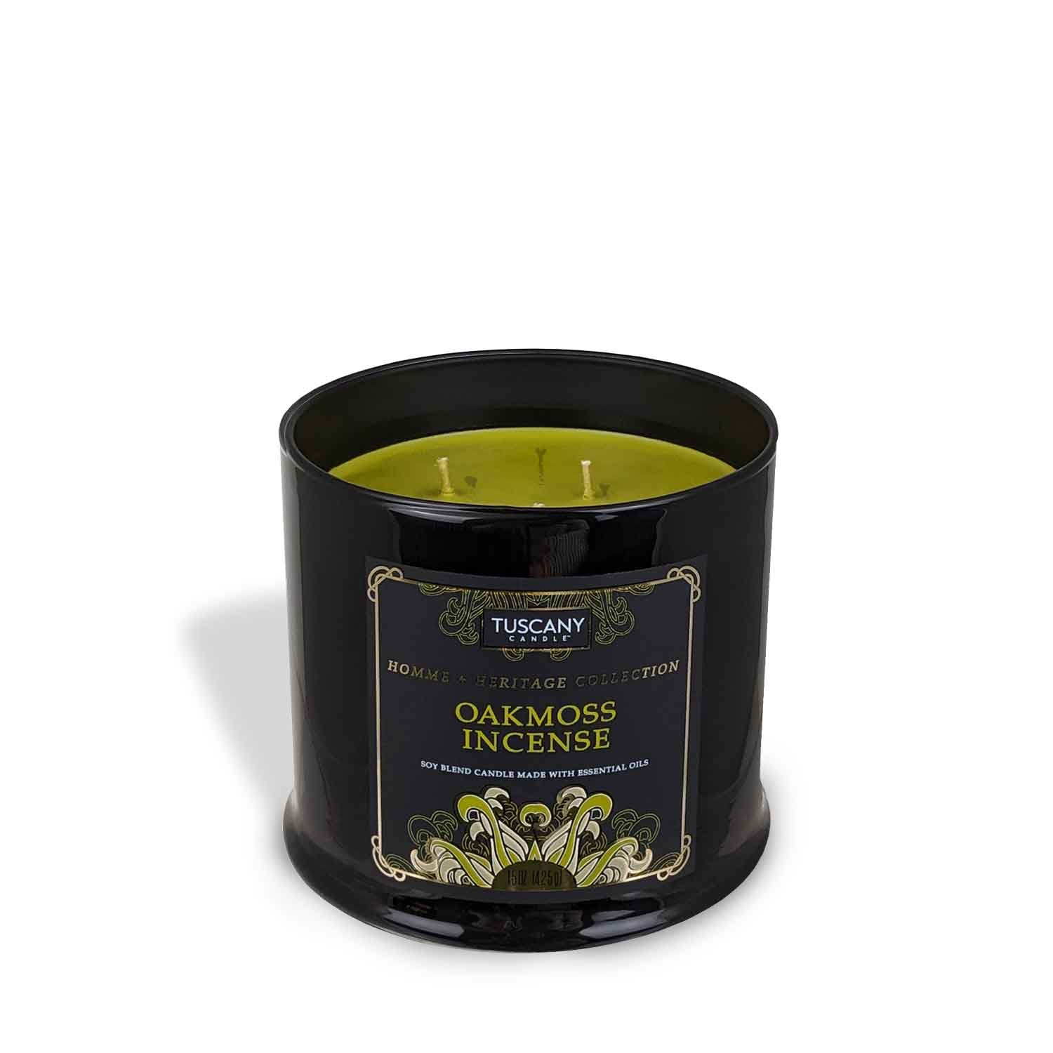 A Tuscany Candle Oakmoss Incense Scented Jar Candle (15 oz) – Homme + Heritage Collection in a black tin on a white background.