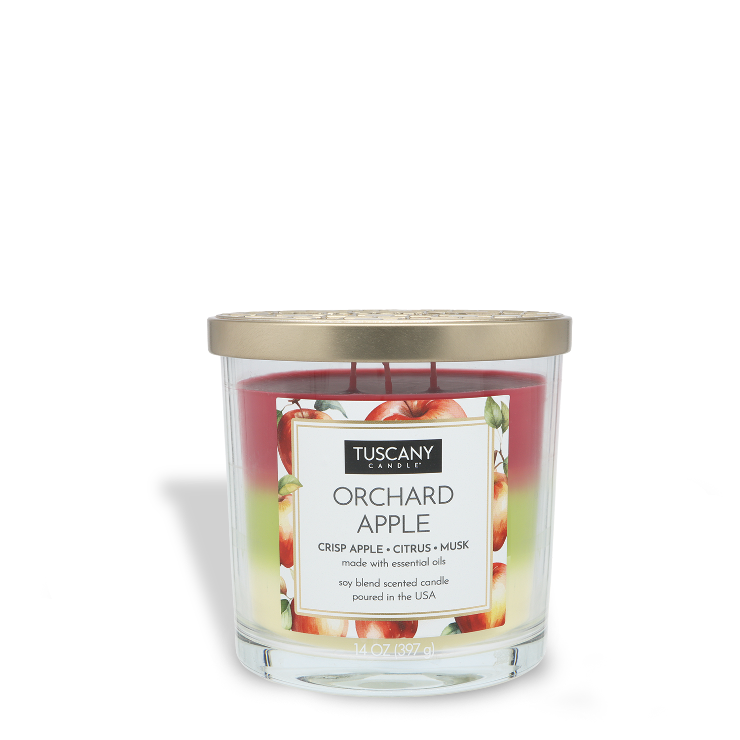 The Tuscany Candle® EVD Orchard Apple Long-Lasting Scented Jar Candle (14 oz) features apple imagery, a soy blend with essential oils, and comes in a clear glass jar topped with a gold lid.