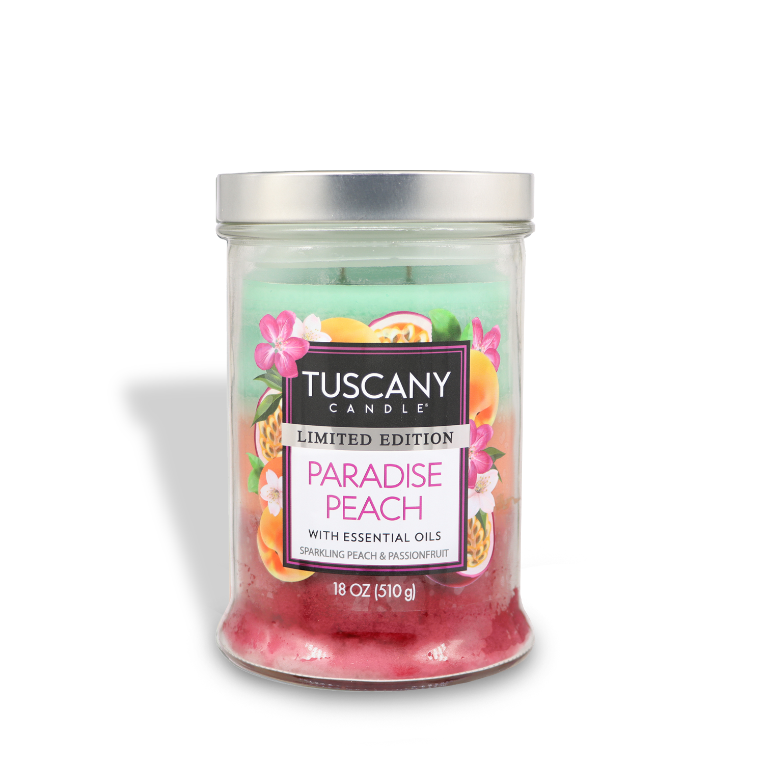 The Tuscany Candle® SEASONAL Paradise Peach: Passionfruit & Peach Scented Summer Candle (18 oz) features a fruity, sparkling peach and passionfruit fragrance with essential oils—perfect for summer.