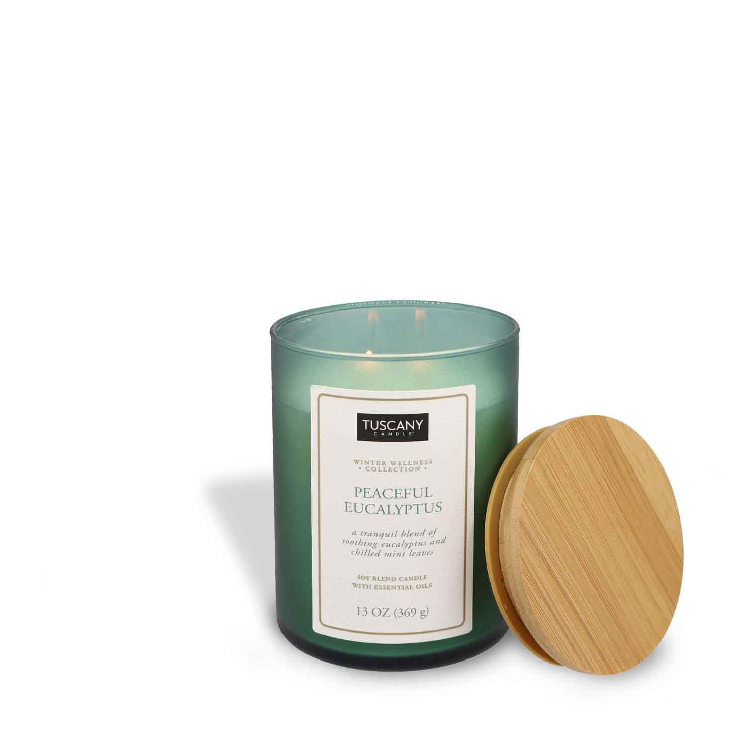 Aromatherapy candle named Peaceful Eucalyptus, exuding the restful vibes of eucalyptus and mint, showcased in its matte-colored glass jar