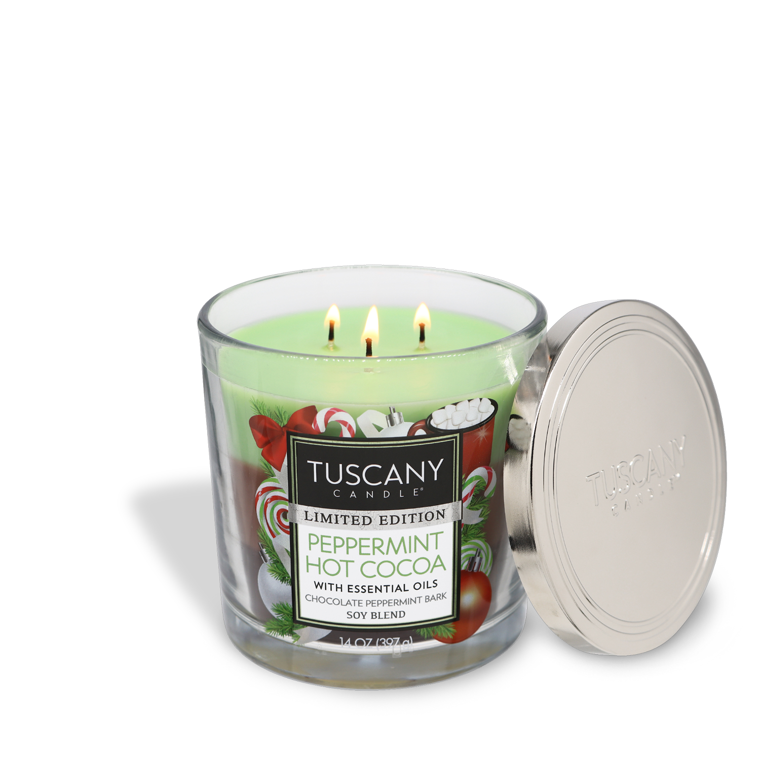 14oz Peppermint Hot Cocoa scented candle in a glass jar with a silver lid, showcasing three distinct layers of wax colors and emanating aromas of cool peppermint and melted chocolate from the Christmas candle collection