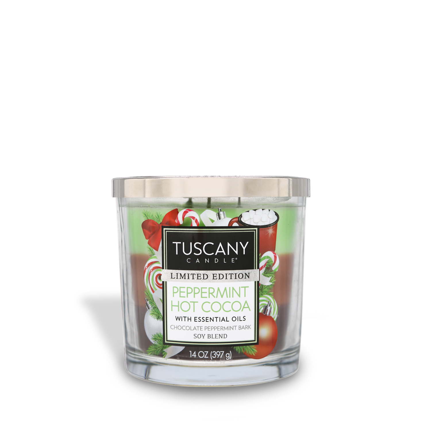 14oz Peppermint Hot Cocoa scented candle in a glass jar with a silver lid, showcasing three distinct layers of wax colors and emanating aromas of cool peppermint and melted chocolate from the Christmas candle collection