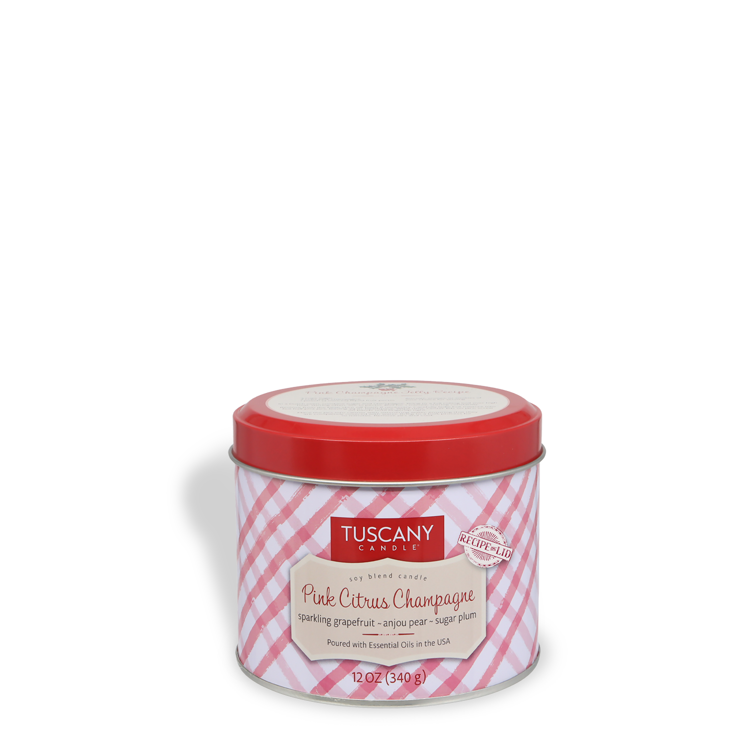 A 12 oz round tin candle from Tuscany Candle® SEASONAL's Bakery Tins Collection, "Pink Citrus Champagne: Grapefruit & Pear," features a pink plaid design and scent notes of grapefruit, pear, and sugar plum.