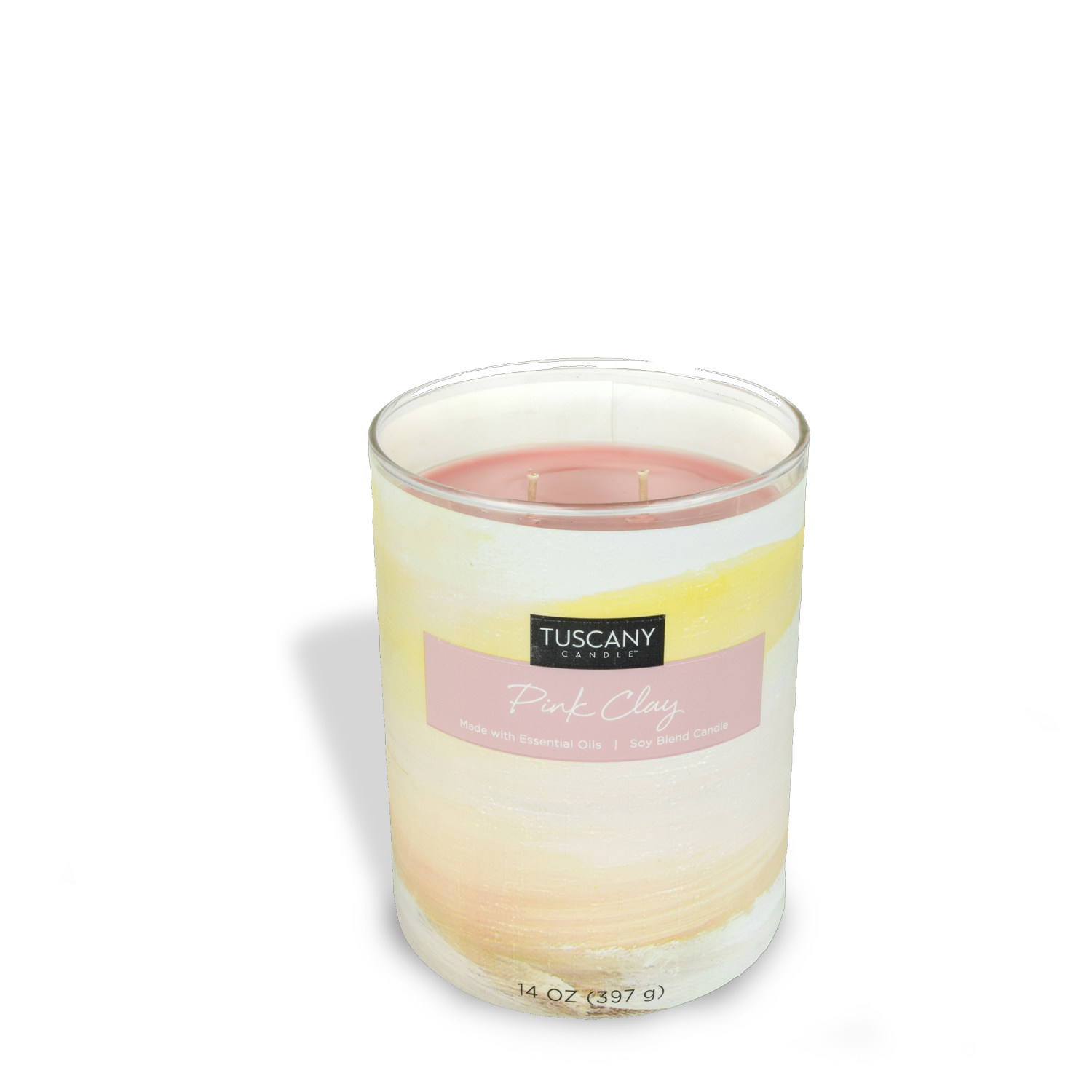 The 14 oz Pink Clay Scented Jar Candle from Tuscany Candle® EVD's Home Décor Collection has pink wax and a jar with a white, yellow, and peach gradient design that evokes lavender's calming essence.