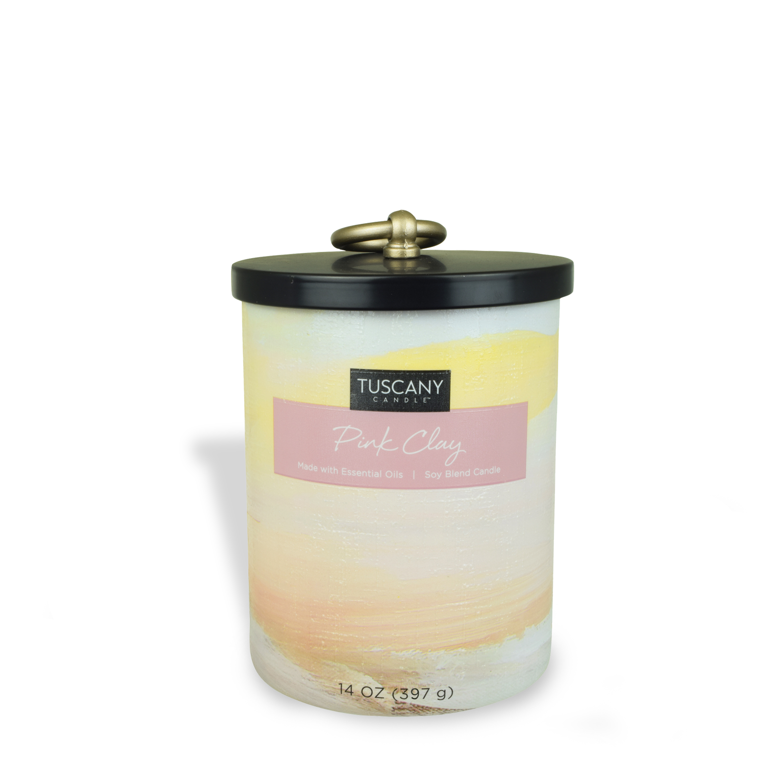 The Tuscany Candle® EVD Pink Clay Scented Jar Candle (14 oz) from the Home Décor Collection features a pastel design, a hint of pink rose, and a decorative black lid.