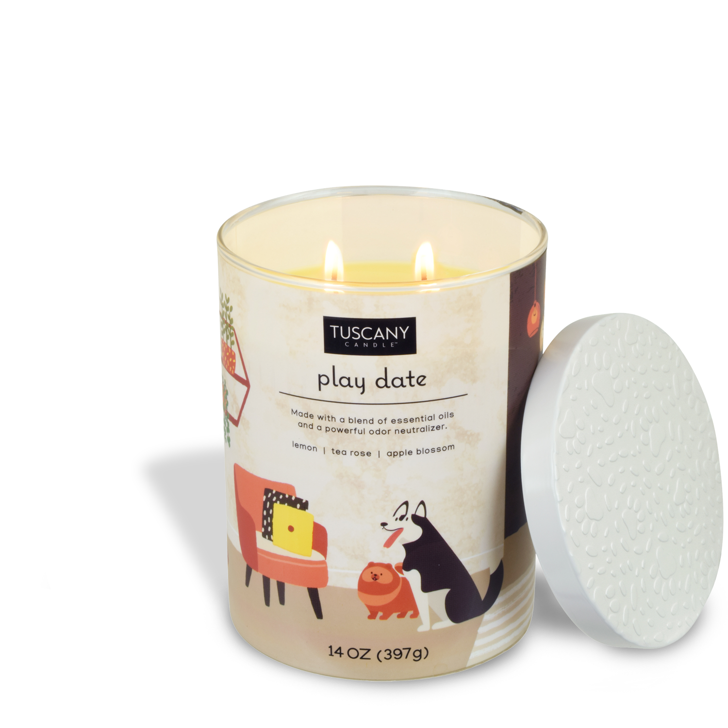 A Tuscany Candle Play Date Scented Jar Candle (14 oz) – Pet Odor Control Collection, perfect for tackling pet odors and leaving your space fresh and clean.