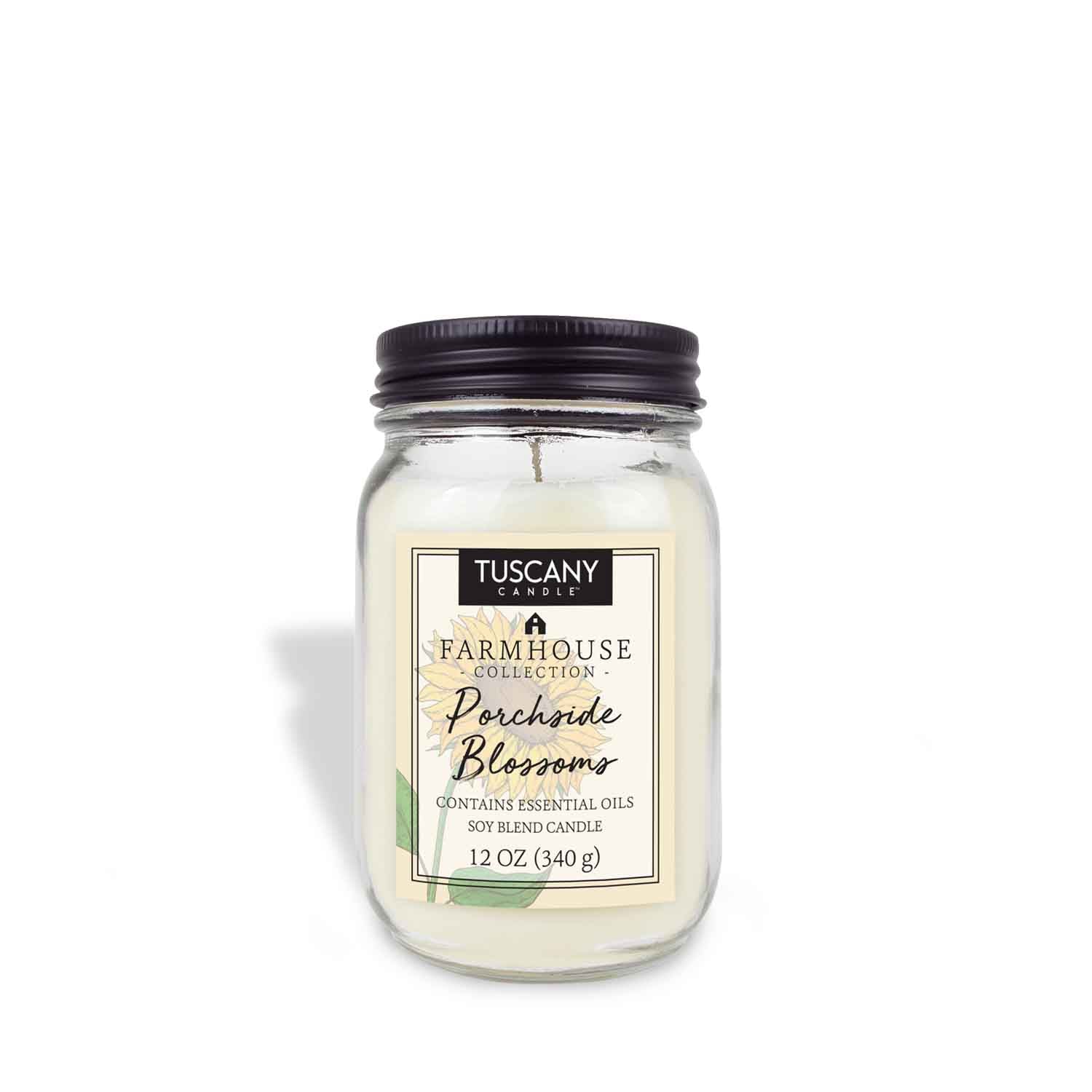 An enchanting Porchside Blossoms Scented Jar Candle (12 oz) - Farmhouse Collection from Tuscany Candle® EVD, radiating cozy warmth against its serene white background.