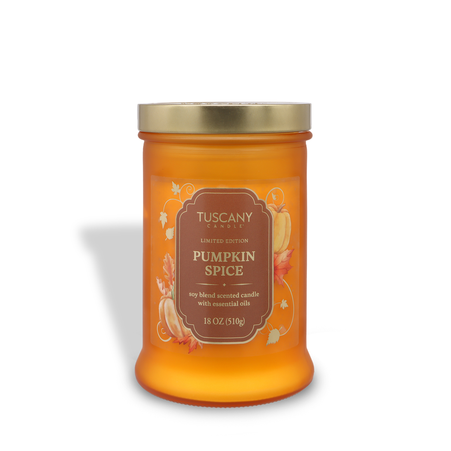 The Tuscany Candle® SEASONAL Pumpkin Spice: Nutmeg & Clove Scented Fall Candle is an 18 oz orange jar candle with a gold lid.