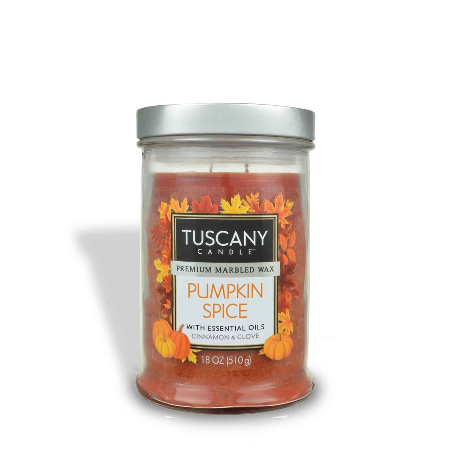 An 18 oz Pumpkin Spice Long-Lasting Scented Jar Candle by Tuscany Candle® EVD, featuring premium marbled wax with essential oils, and adorned with images of pumpkins and autumn leaves.