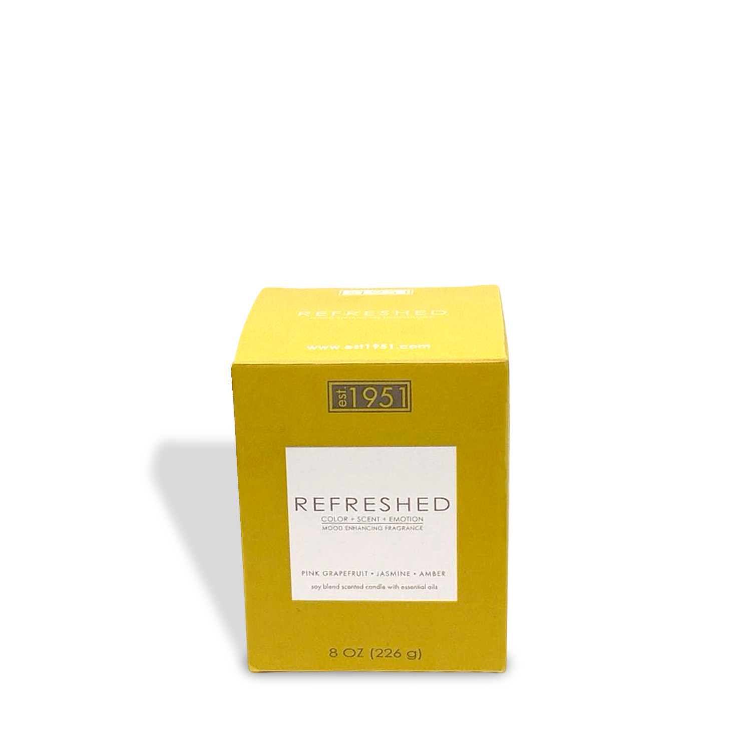 A yellow "REFRESHED" box from est.1951 holds an 8oz candle with a pink grapefruit, jasmine, and amber scent.