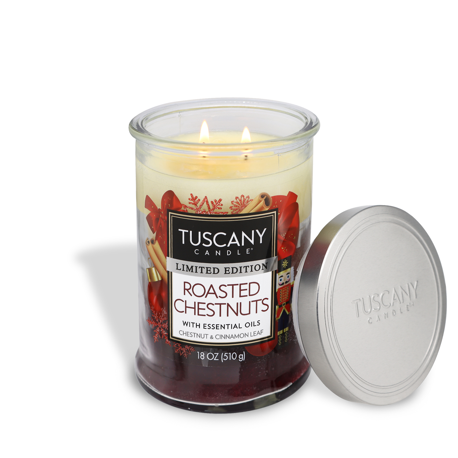 18oz 'Roasted Chestnuts' scented candle by Tuscany Candle in a glass jar, displaying its tri-color layers that evoke the fragrances of roasted chestnuts, cinnamon leaf, nutmeg, and toasted coconut, perfect for winter ambiance.