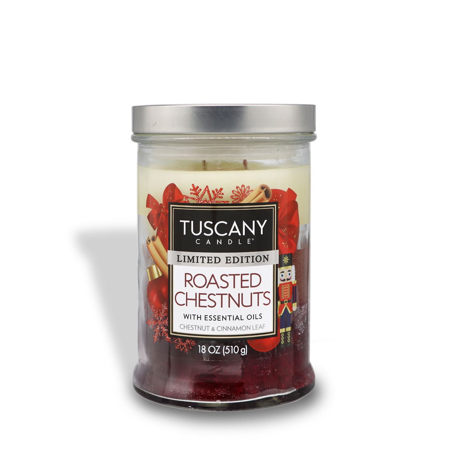 18oz 'Roasted Chestnuts' scented candle by Tuscany Candle in a glass jar, displaying its tri-color layers that evoke the fragrances of roasted chestnuts, cinnamon leaf, nutmeg, and toasted coconut, perfect for winter ambiance.