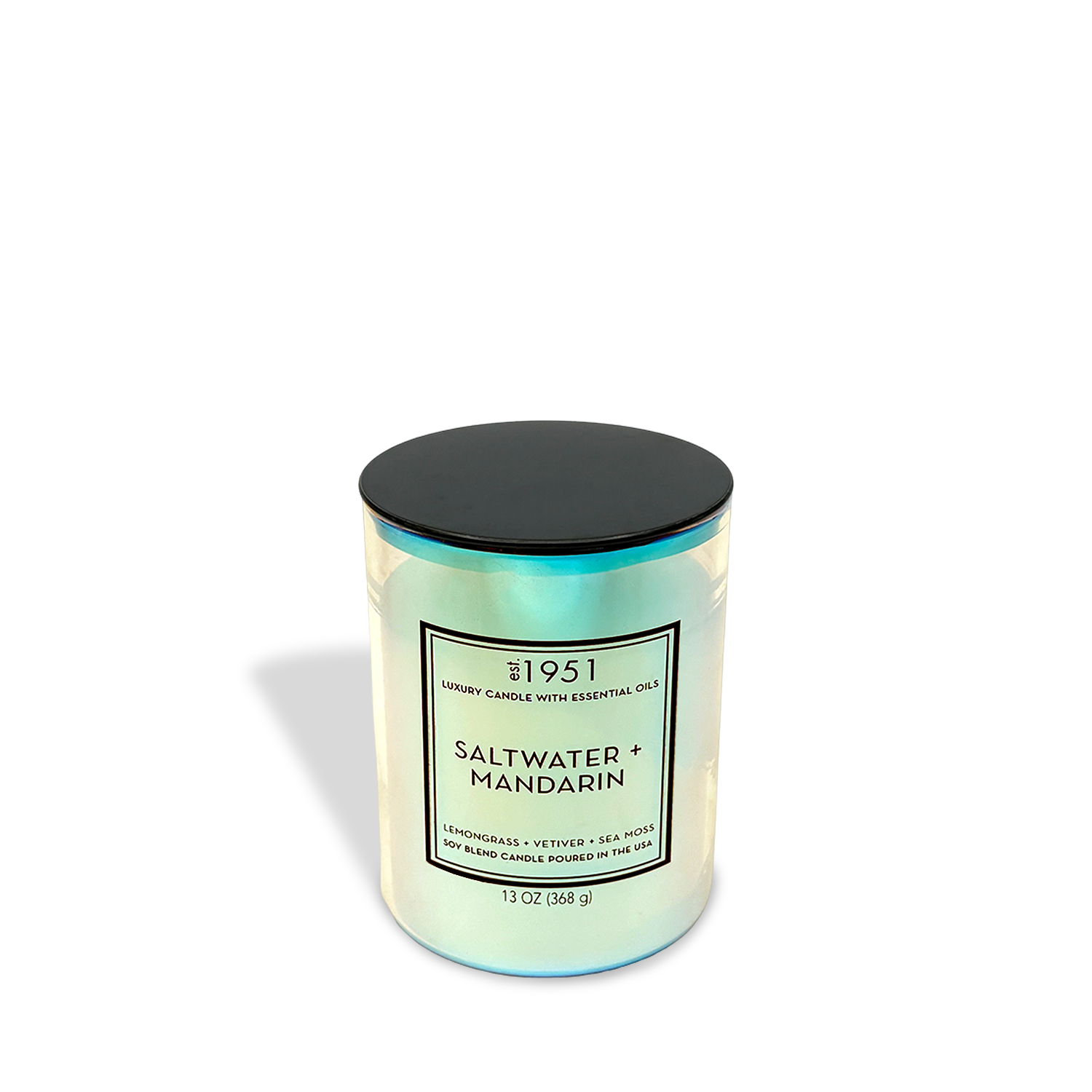 The est.1951 Saltwater + Mandarin Candle (13oz) features an iridescent jar with a black lid, infused with essential oils for a luxury coastal scent.