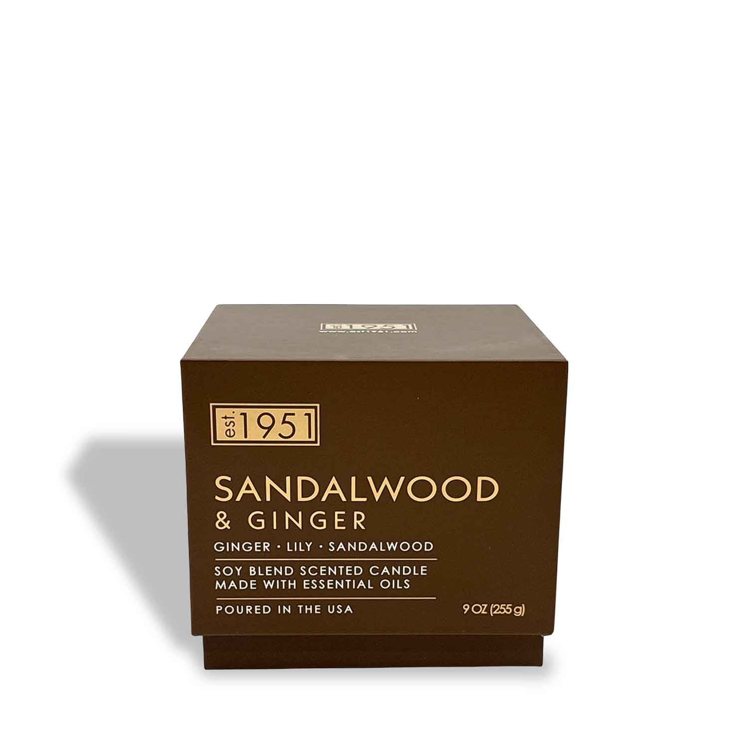 The est.1951 Sandalwood & Ginger (9oz) soy candle features ginger, lily, and sandalwood notes; it's made with vegan wax and essential oils, and hand-poured in the USA.