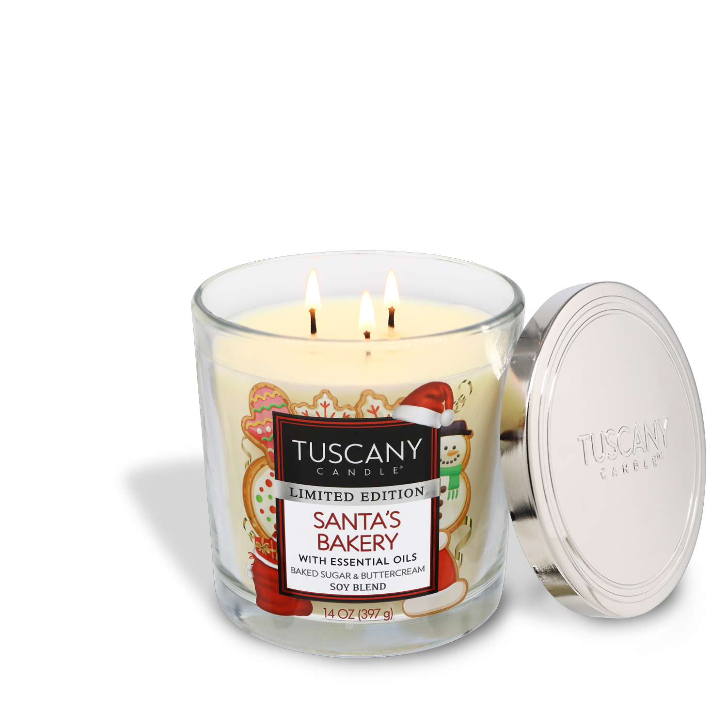 14oz Santa's Bakery scented candle in a glass jar with a silver lid, composed of white wax and exuding aromas of baked sugar cookies and vanilla buttercream icing from the Christmas candle collection.