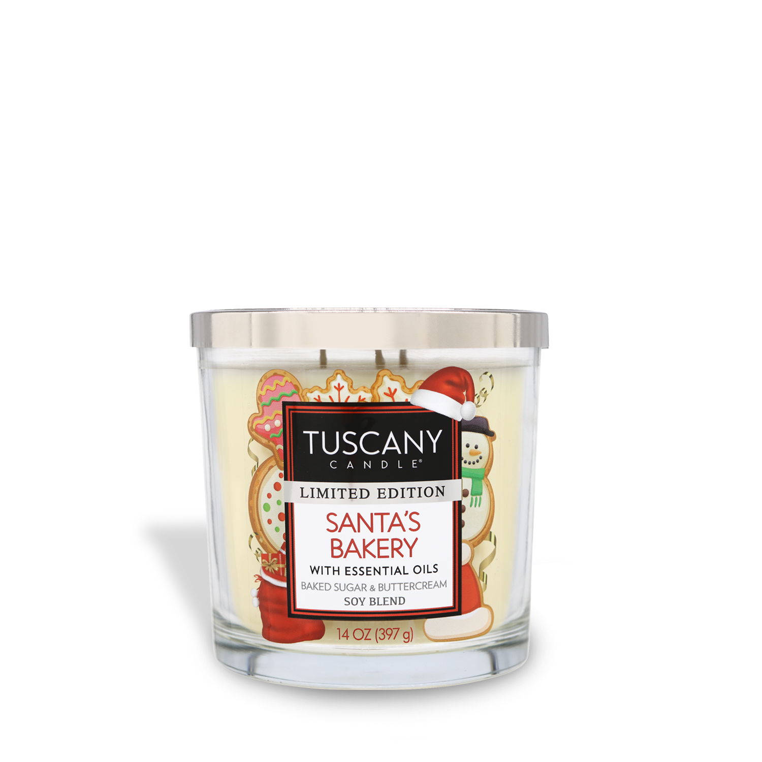 14oz Santa's Bakery scented candle in a glass jar with a silver lid, composed of white wax and exuding aromas of baked sugar cookies and vanilla buttercream icing from the Christmas candle collection.