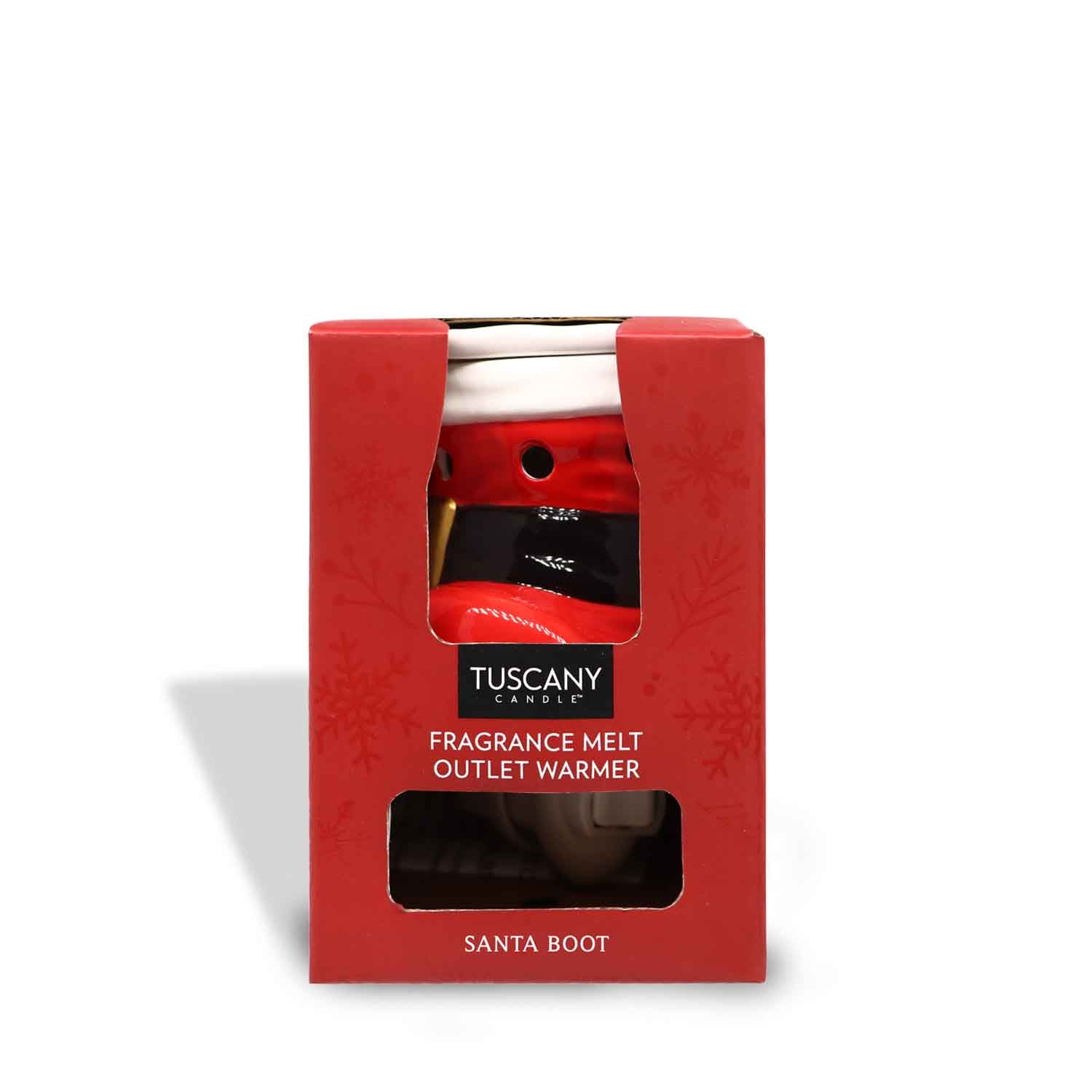 A Tuscany Candle Santa's Boot Outlet Wax Melt Warmer in a red box with a santa hat on it.