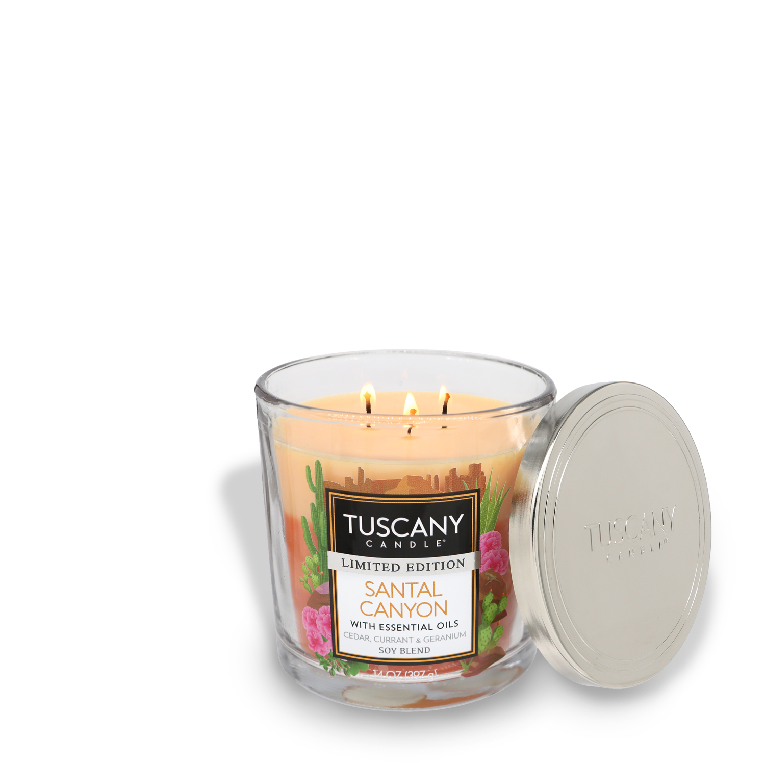 Three-wick Santal Canyon Long-Lasting Scented Jar Candle (14 oz) burning with lid off to the side. Brand Name: Tuscany Candle® SEASONAL