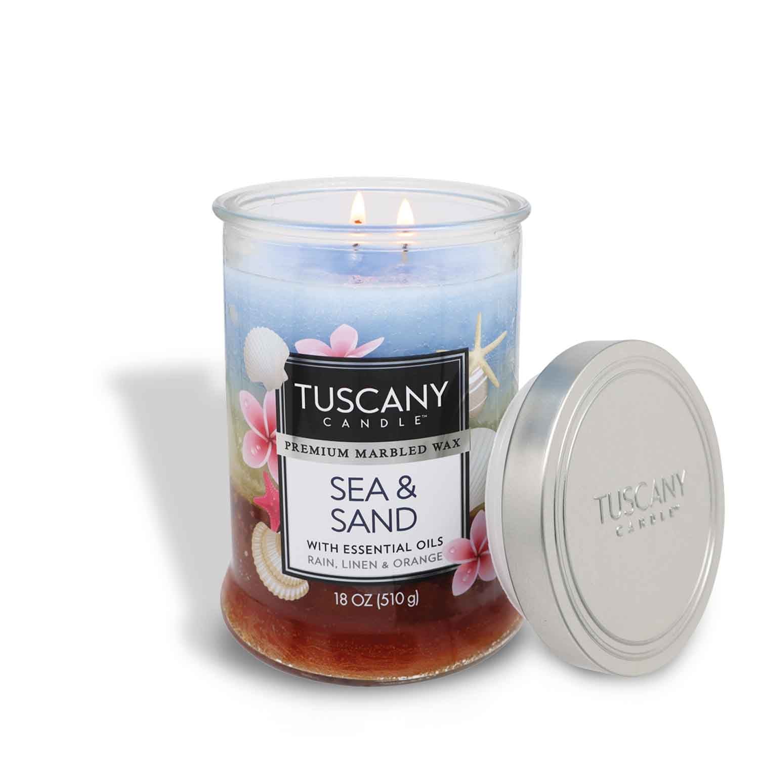 Tuscany Sea & Sand Candle: Experience the invigorating fragrance of the Sea & Sand Long-Lasting Scented Jar Candle (18 oz), crafted with essential oils from Tuscany Candle® EVD.
