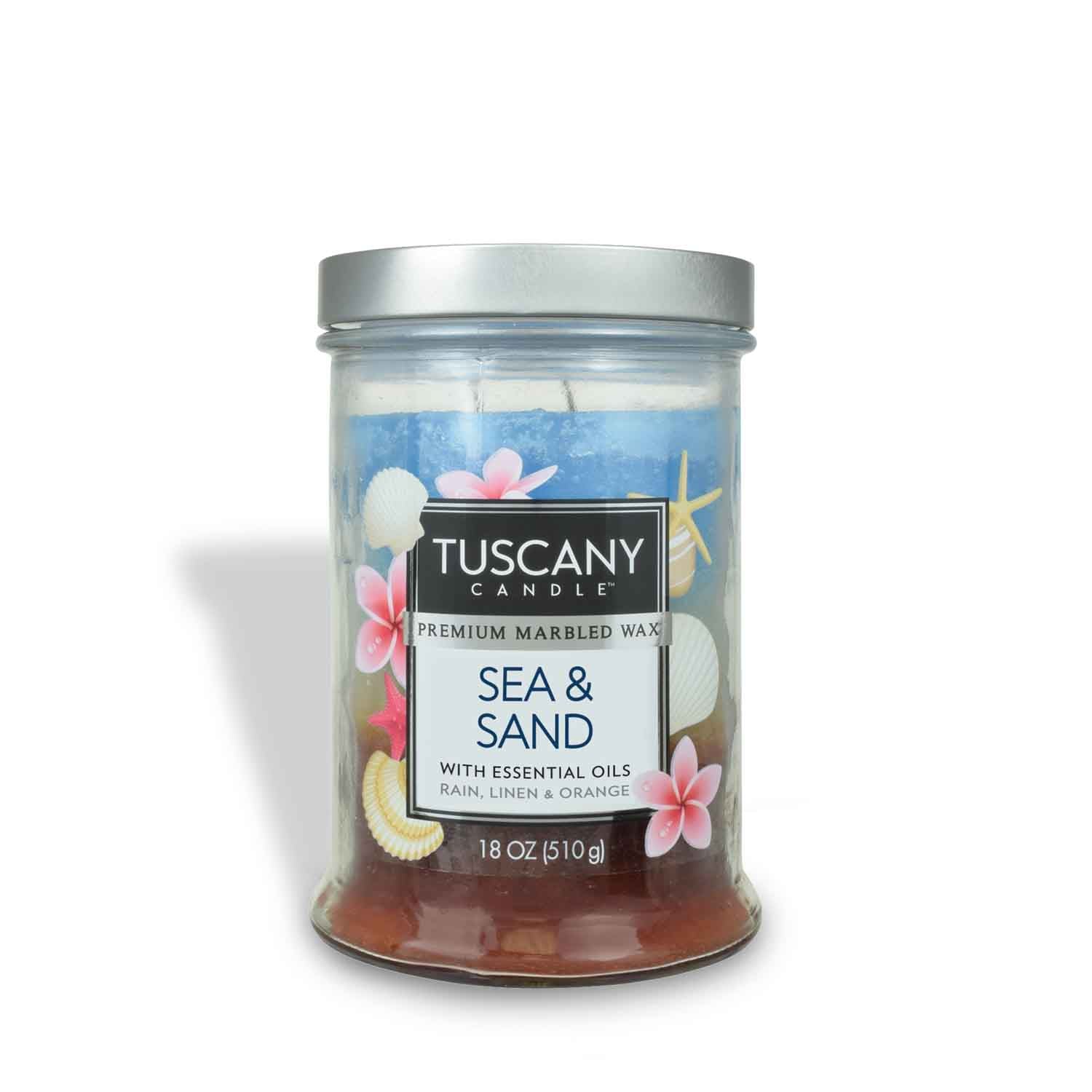 Tuscany Candle® EVD Sea & Sand Long-Lasting Scented Jar Candle (18 oz), infused with essential oils.