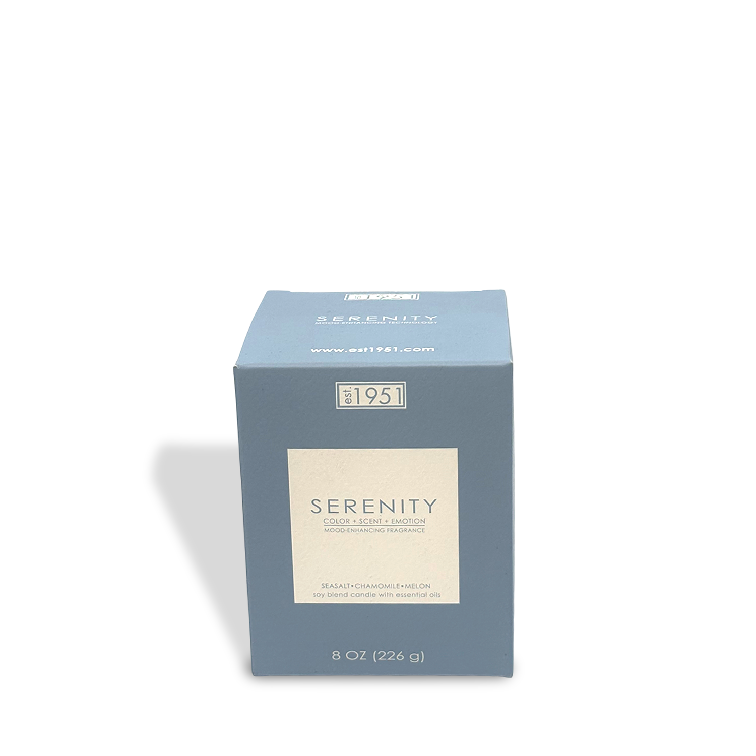 A blue 8oz "Serenity" sachet by est.1951 is shown on a white background—ideal for relaxation aromatherapy or pairing with a chamomile candle.