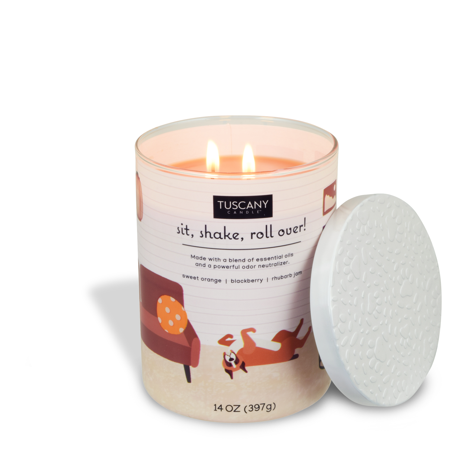 Tuscany Candle specializes in pet odor control for pet-owning households, offering a Sit, Shake, Roll Over Scented Jar Candle with unique fragrance notes.