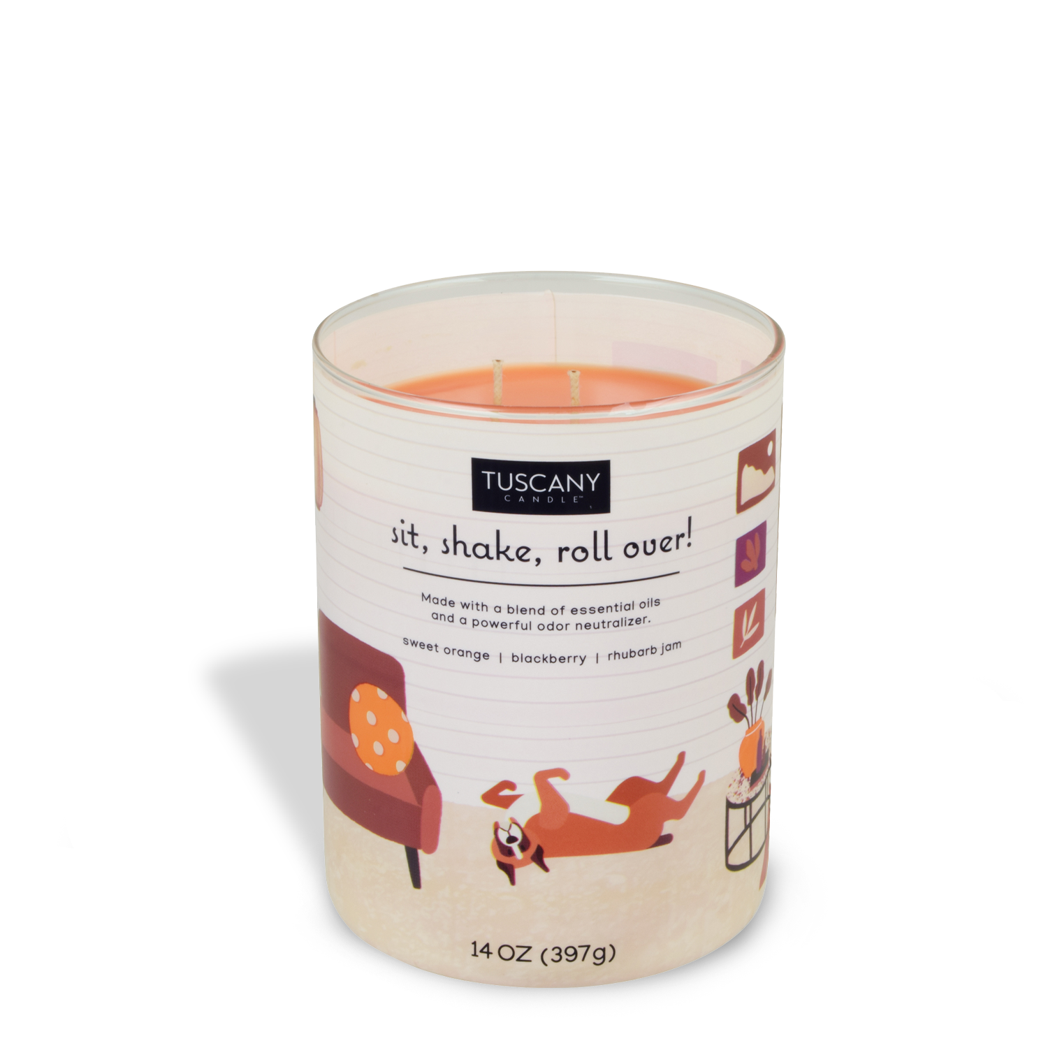 A Sit, Shake, Roll Over scented jar candle with an image of a dog and a couch, designed to neutralize pet odors, from the Tuscany Candle Pet Odor Control Collection.