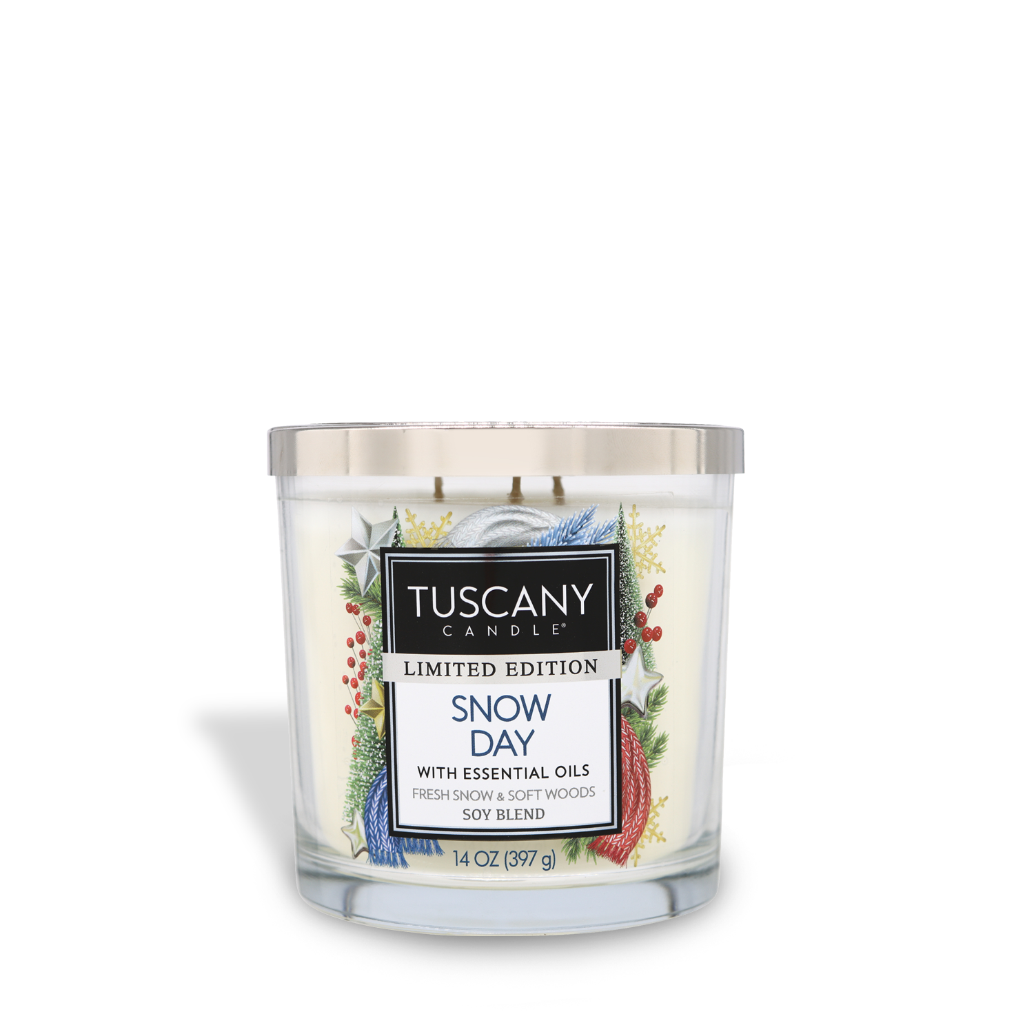 14oz Snow Day scented candle in a glass jar with a silver lid, made from white wax and emanating the aroma of fresh snow atop an evergreen tree from the Christmas candle collection