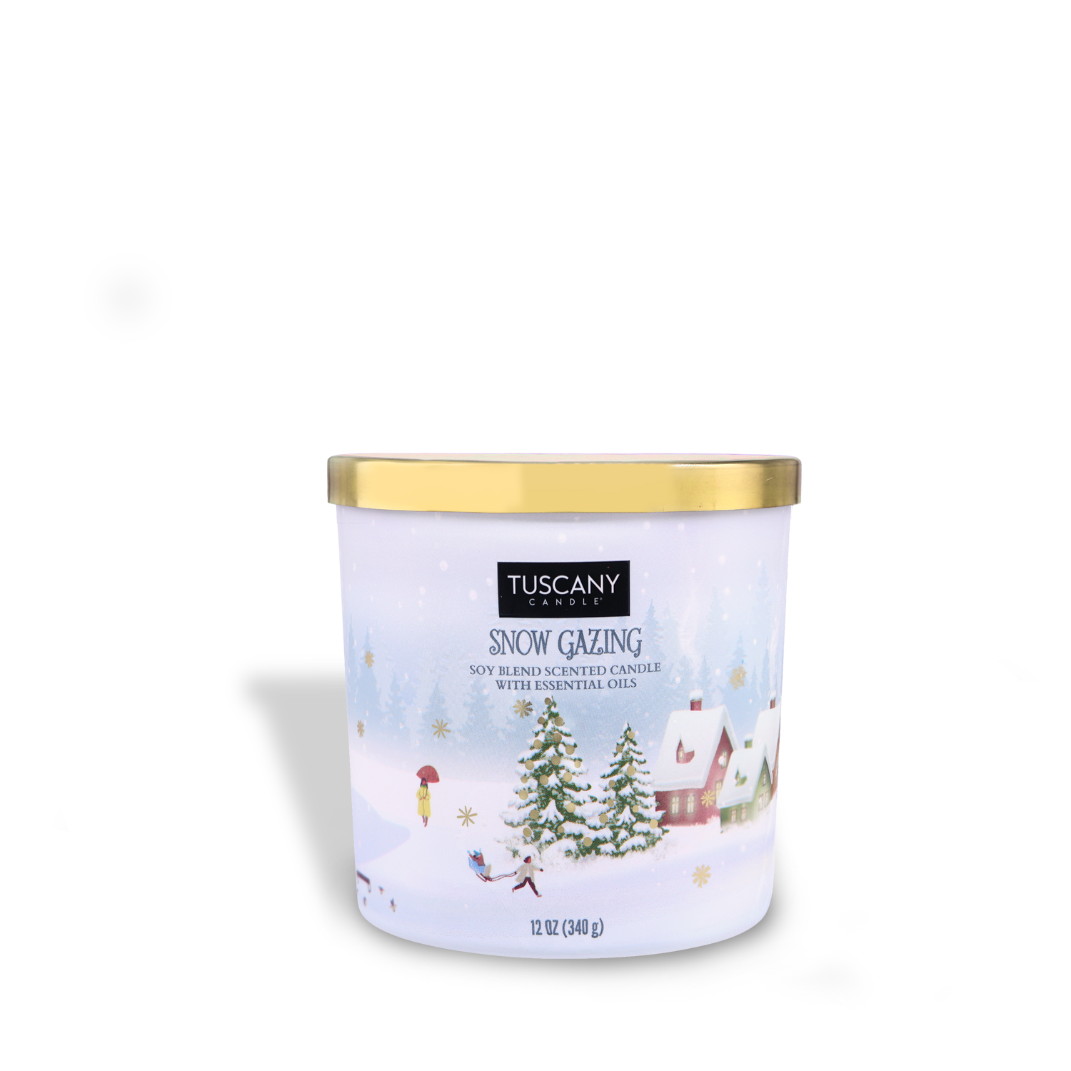 12oz Snow Gazing scented candle in a frosted glass jar with a gold lid, filled with white wax, emanating fragrances of fresh snow, soft woods, bergamot, and jasmine from the Christmas candle collection.