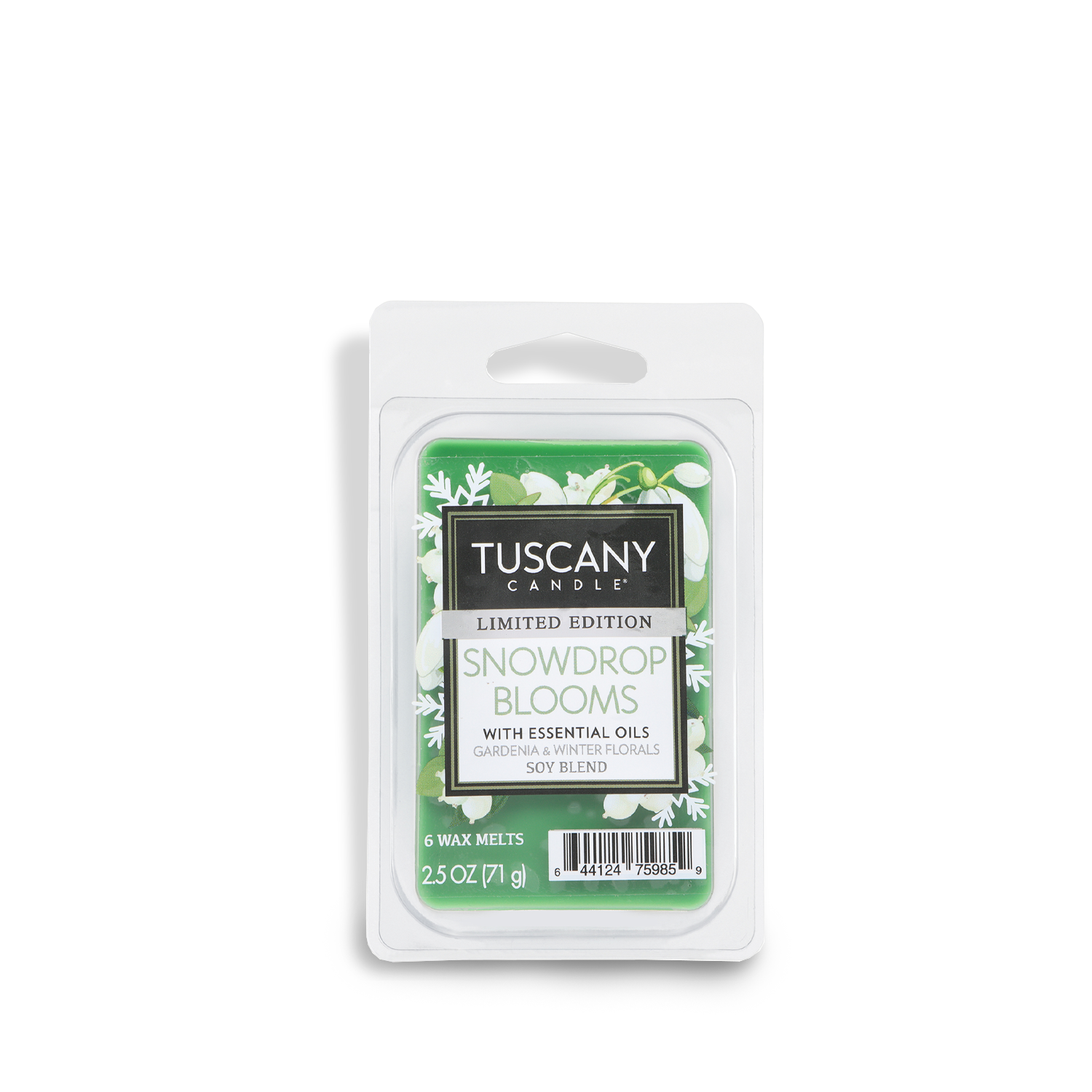 A 2.5 oz Tuscany Candle® SEASONAL Snowdrop Blooms: Gardenia & Winter Florals scented holiday wax melt.