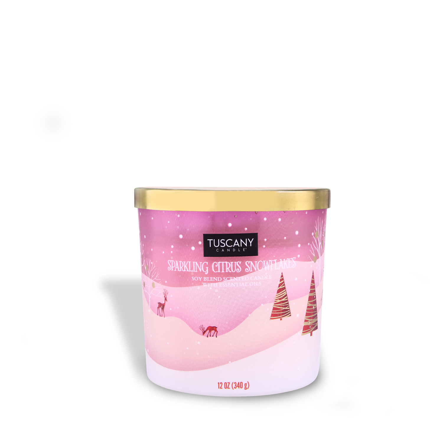 12oz Sparkling Citrus Snowflakes scented candle in a decorative glass jar with a gold lid, filled with white wax, releasing scents of winter citrus breeze and delicate snowflakes from the Christmas candle collection.