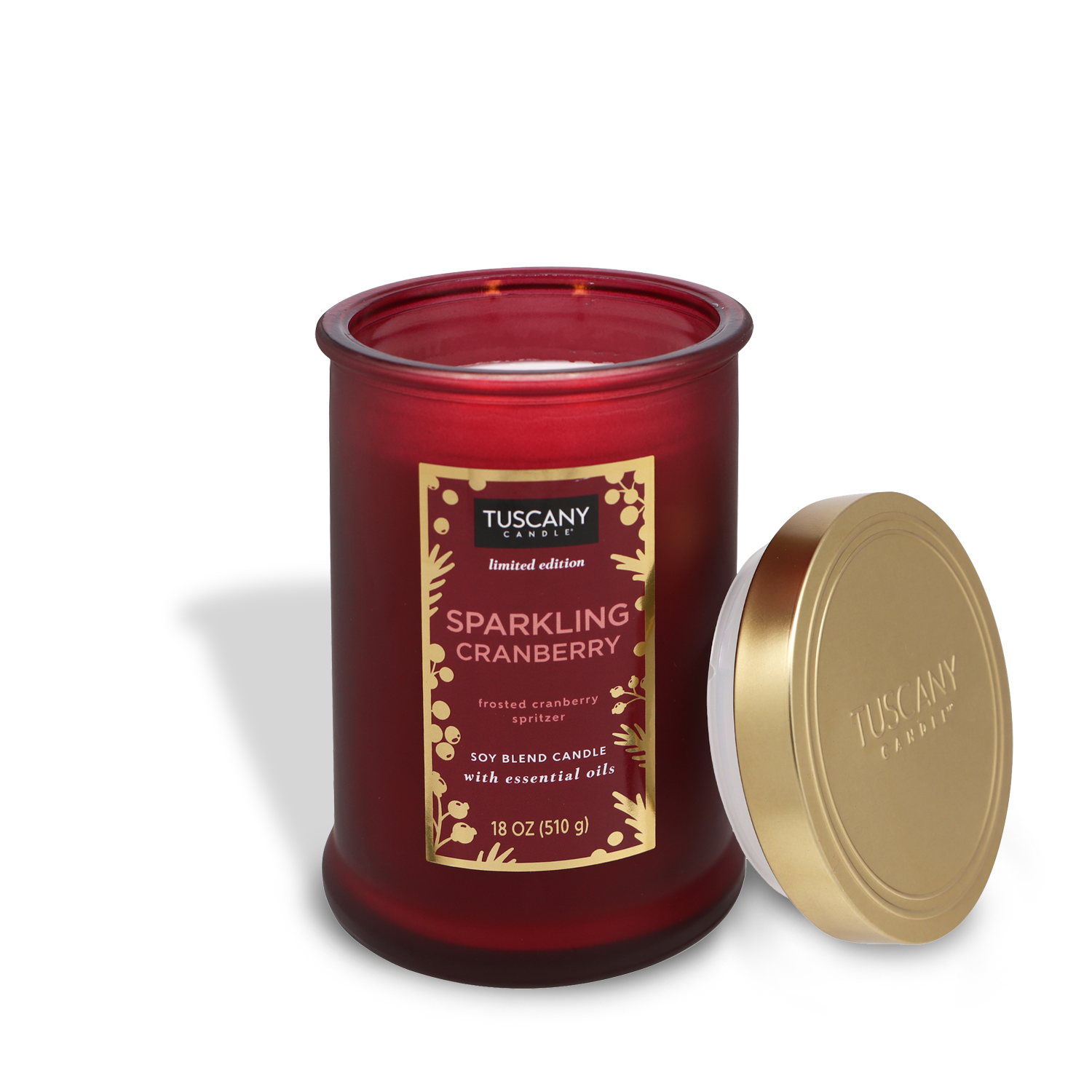 18oz Sparkling Cranberry scented candle in a deep red glass jar with a golden lid, radiating the fragrance of tart and sweet iced cranberry spritzer, perfect for Christmas and holiday ambiance.