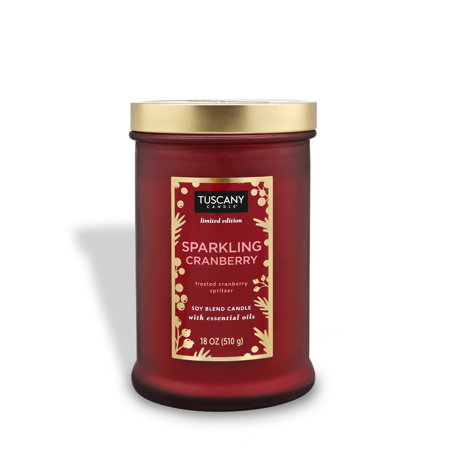 18oz Sparkling Cranberry scented candle in a deep red glass jar with a golden lid, radiating the fragrance of tart and sweet iced cranberry spritzer, perfect for Christmas and holiday ambiance.