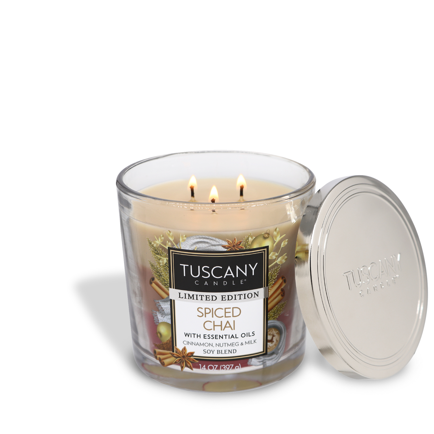 14oz Spiced Chai scented candle in a glass jar with a silver lid, crafted from white wax and radiating the fragrances of cinnamon, nutmeg, spiced milk, and toasted marshmallows from the Christmas candle collection