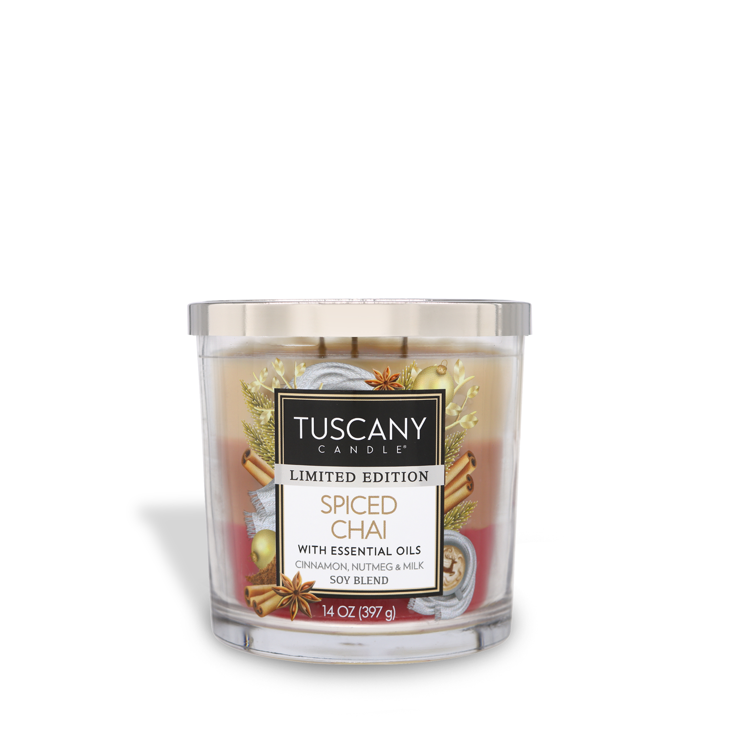 14oz Spiced Chai scented candle in a glass jar with a silver lid, crafted from white wax and radiating the fragrances of cinnamon, nutmeg, spiced milk, and toasted marshmallows from the Christmas candle collection