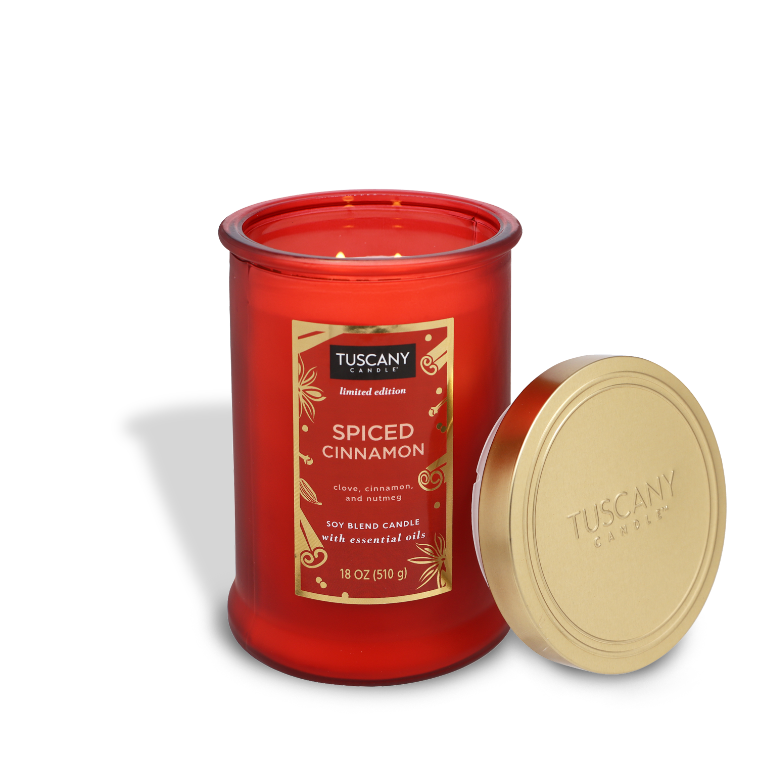 18oz Spiced Cinnamon candle in a red glass jar with a gold lid, featuring marbled white wax and two lead-free wicks, exuding warm notes of clove, cinnamon, and nutmeg, perfect for festive winter celebrations.