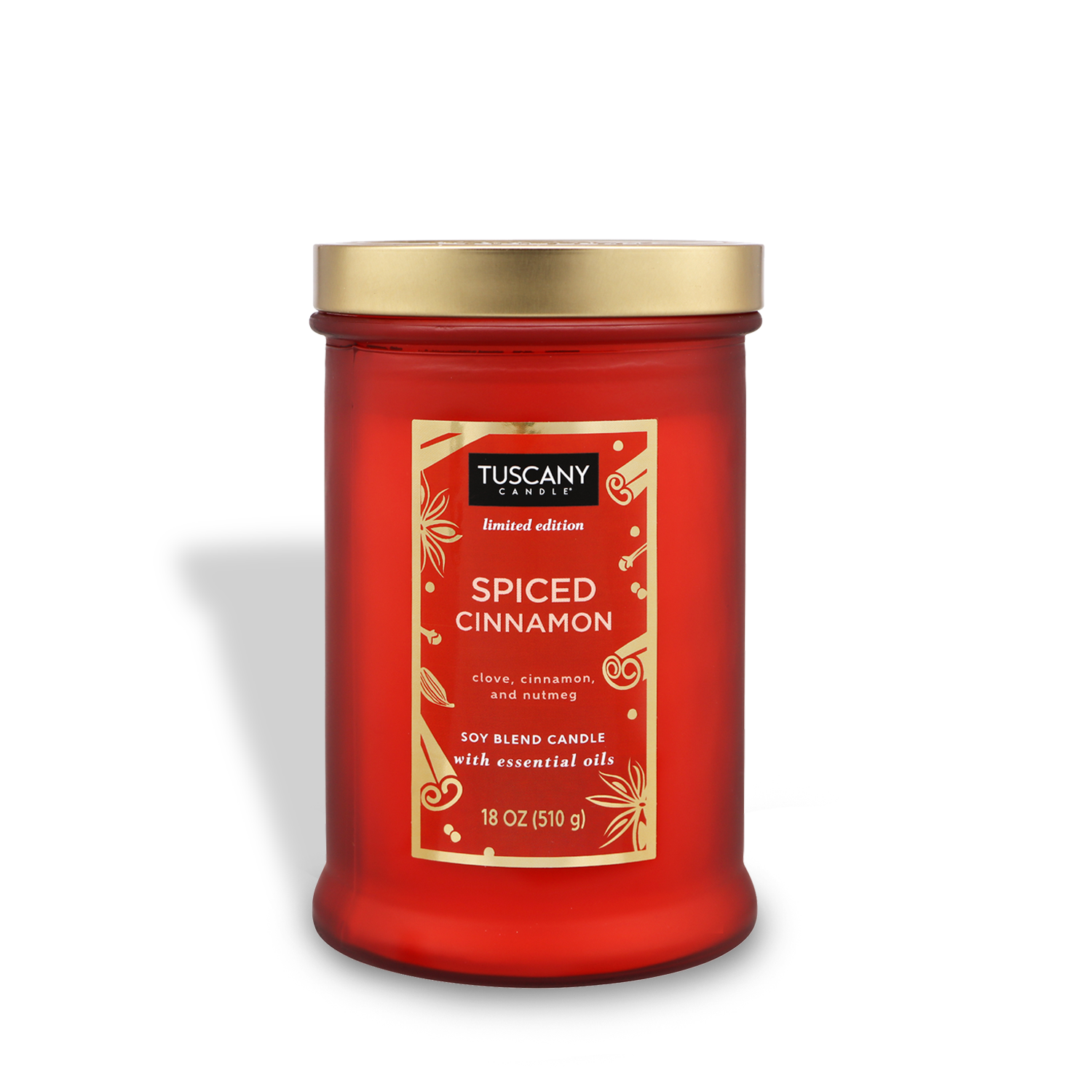 18oz Spiced Cinnamon candle in a red glass jar with a gold lid, featuring marbled white wax and two lead-free wicks, exuding warm notes of clove, cinnamon, and nutmeg, perfect for festive winter celebrations.