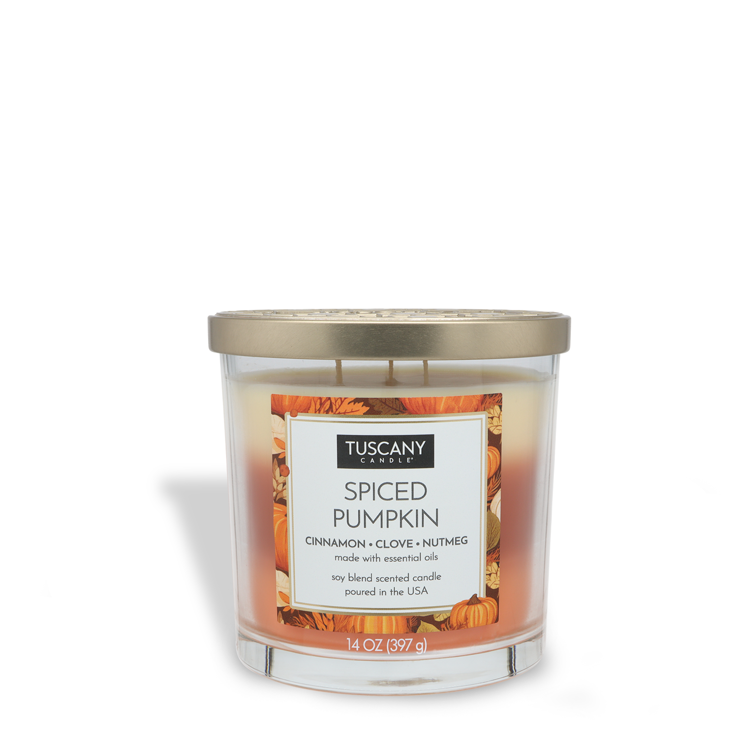 The Tuscany Candle® EVD Spiced Pumpkin Long-Lasting Scented Jar Candle (14 oz) features cinnamon, clove, and nutmeg notes in a clear glass jar with a gold lid—perfect for creating a cozy autumn atmosphere.