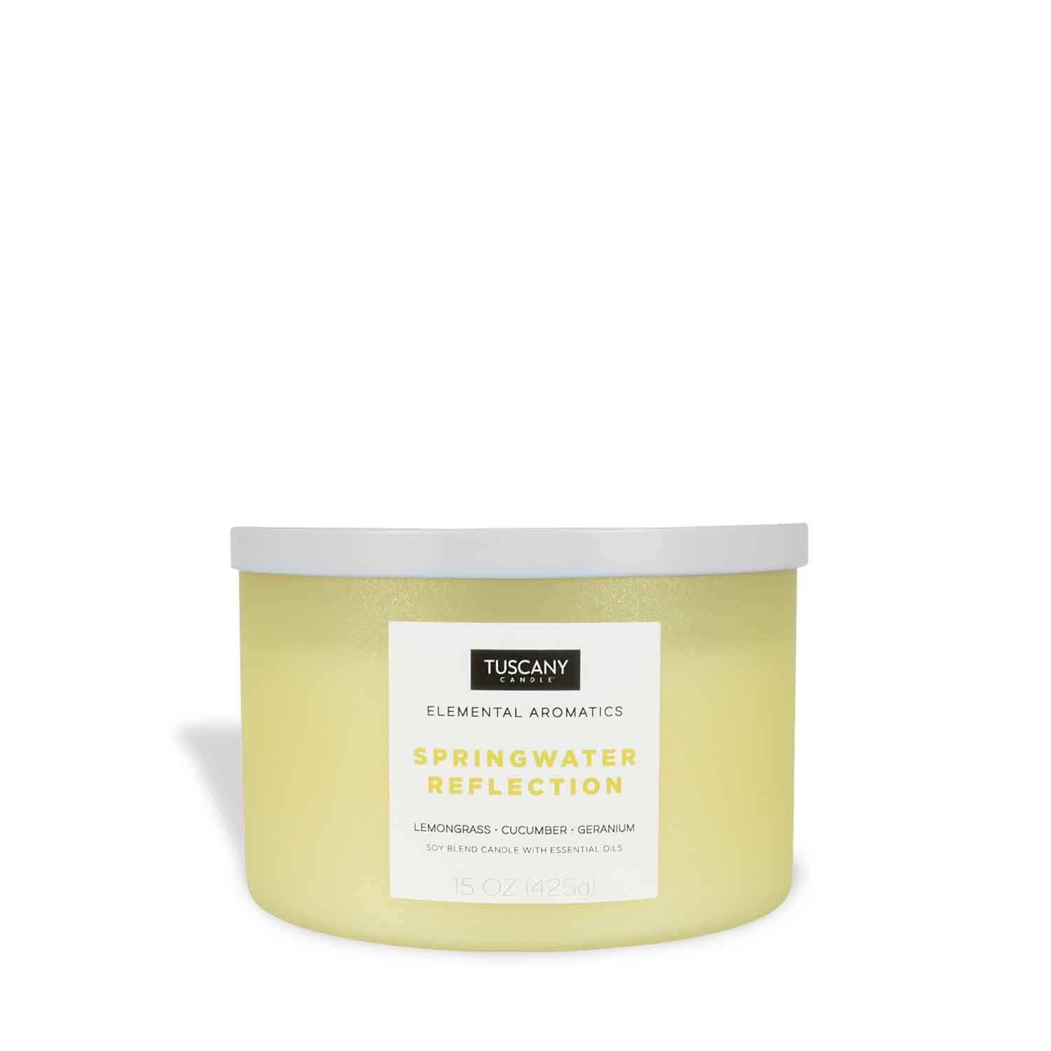 A Springwater Reflection scented jar candle (15 oz) from the Elemental Aromatics Collection by Tuscany Candle, made with a soy wax blend, displayed on a white background.