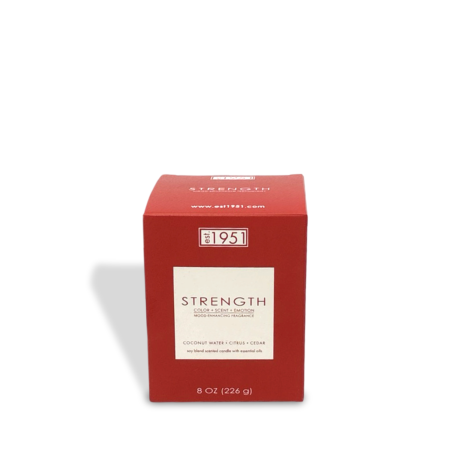 The est.1951 Strength (8oz) soy candle comes in a red box and features an energizing blend of coconut water, citrus, and cedar fragrances for motivation.