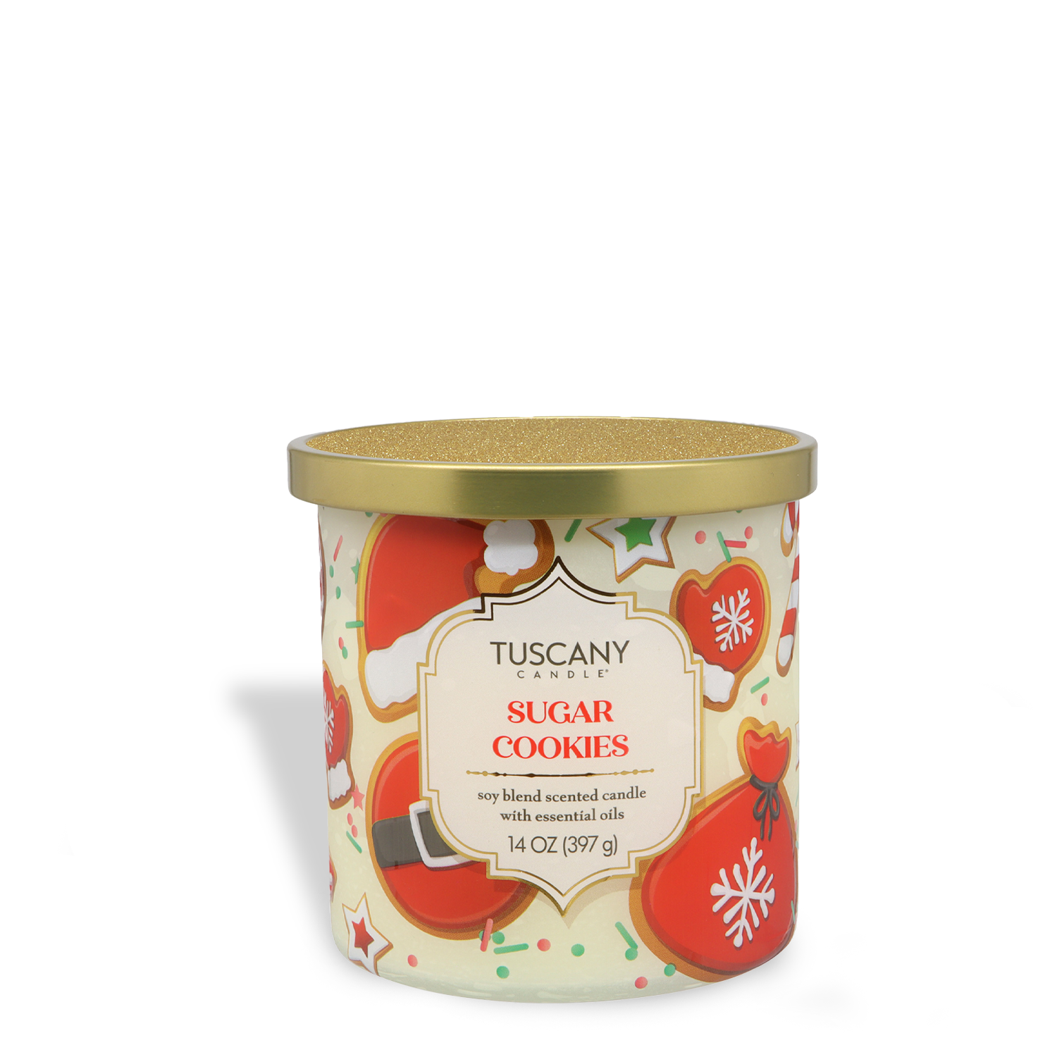 A 14 oz Tuscany Candle® SEASONAL from the Traditions Collection, “Sugar Cookies: Buttercream Frosted Cookie Scented Holiday Candle,” with a gold lid and holiday-themed cookie illustrations on the jar.