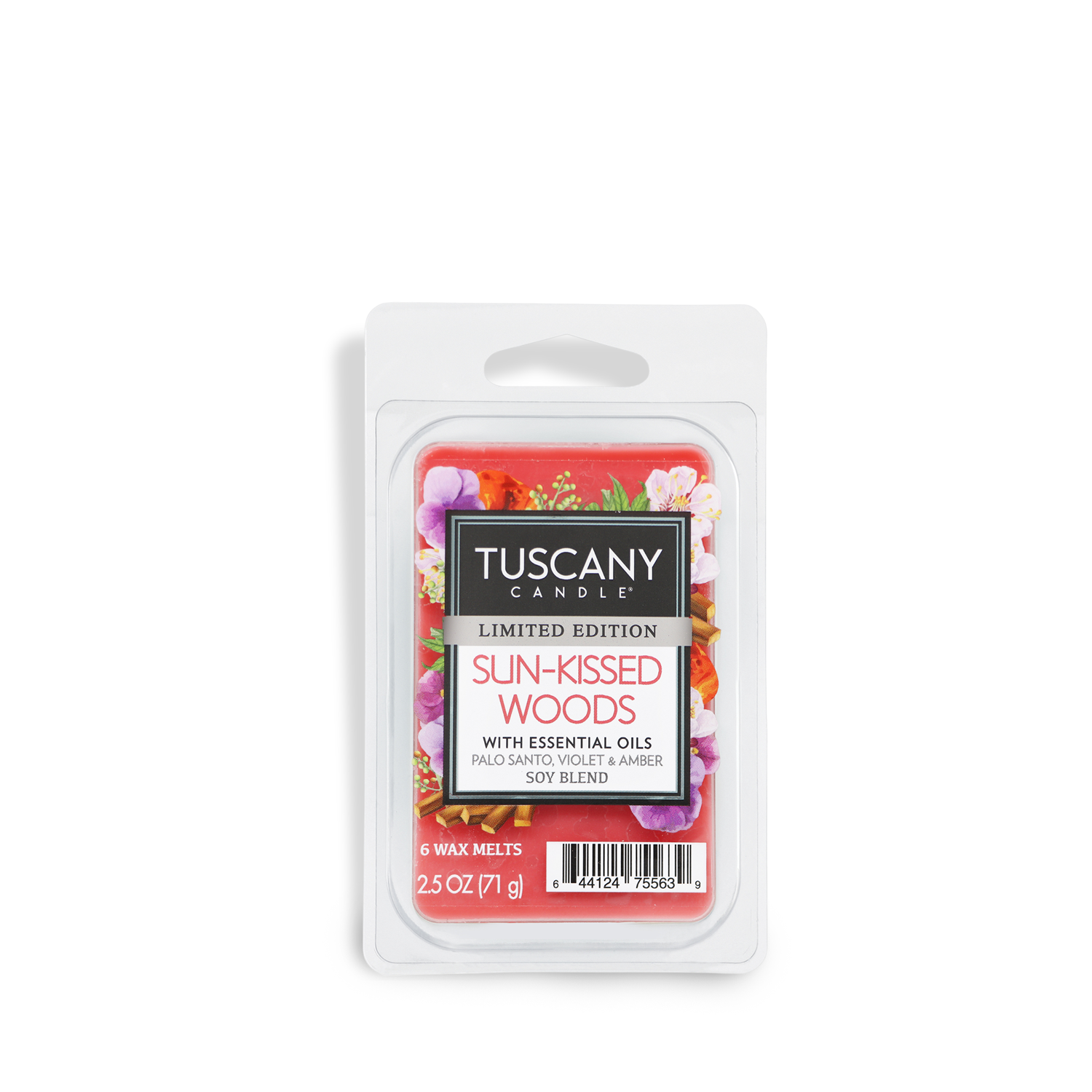 Tuscany Candle® SEASONAL offers "Sun-Kissed Woods: Palo Santo Scented Summer Wax Melt," containing 2.5 oz of wax melts infused with essential oils like violet-amber.