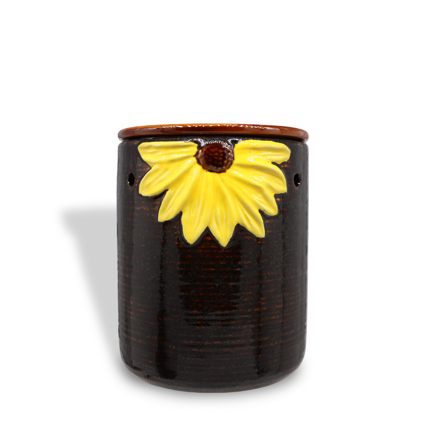 A dark brown ceramic vase with a yellow sunflower design near the top adds charm to any space, much like a Sunflower Wax Melt Warmer by Tuscany Candle® SEASONAL bringing warmth and fragrance into your home.
