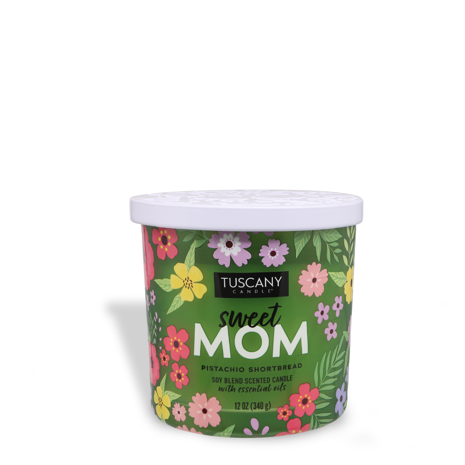 The "Sweet Mom: Pistachio Shortbread Scented Candle" from Tuscany Candle® SEASONAL features a floral-adorned container, ideal for Mother’s Day.