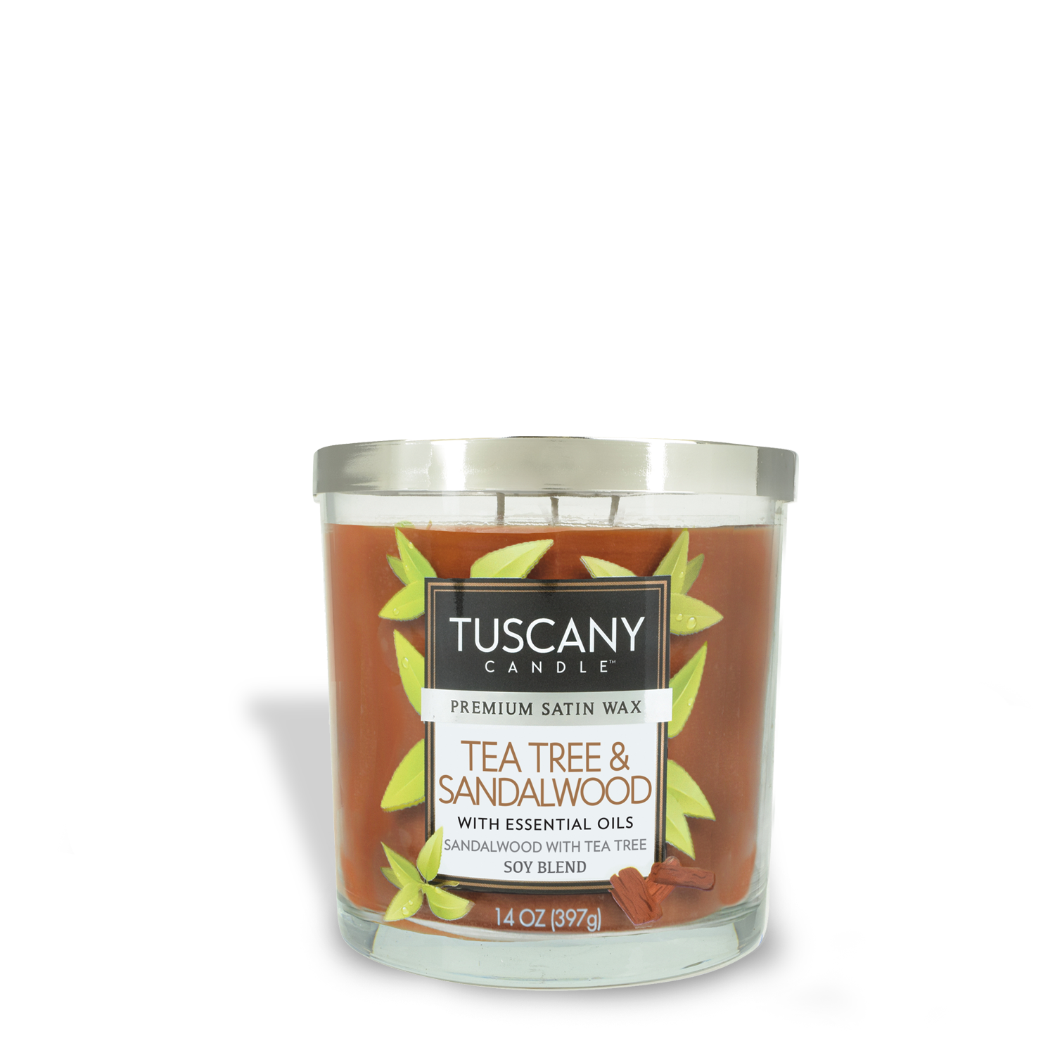 Tuscany Candle Tea Tree & Sandalwood Long-Lasting Scented Jar Candle (14 oz) featuring the aromatic blend of tea tree and sandalwood.