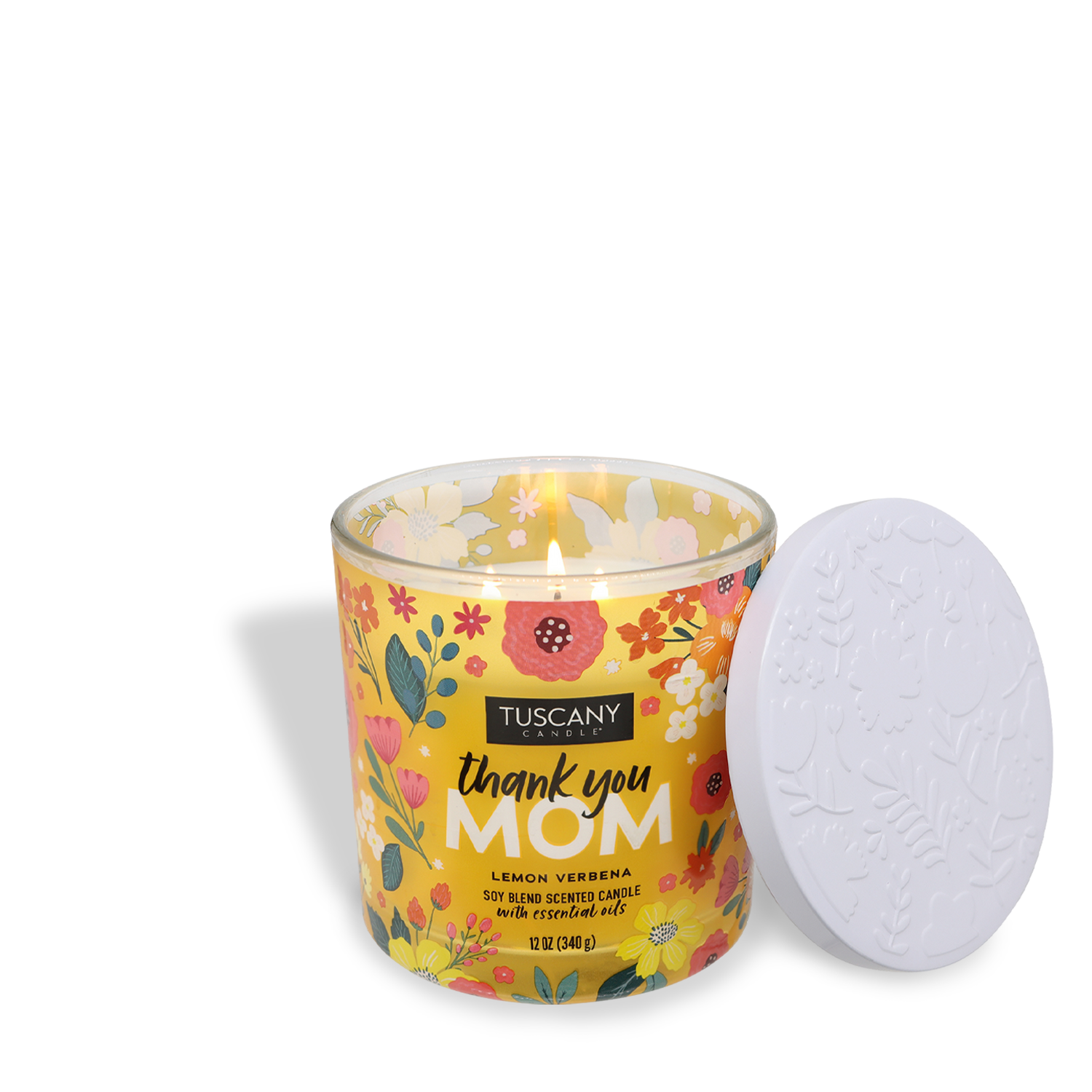 The Tuscany Candle® SEASONAL "Thank You Mom: Lemon Verbena Scented Candle" features a luxurious soy blend in a floral container with a decorative white lid, making it the perfect Mother's Day gift to make any mom feel cherished.