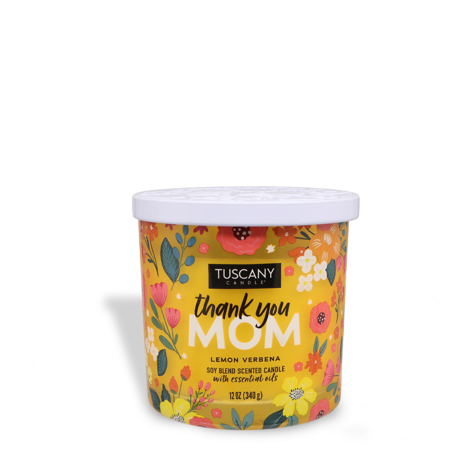 This 12 oz yellow candle jar, adorned with a floral design and labeled "Tuscany Candle® SEASONAL" and "thank you MOM," features a Lemon Verbena scent made from a soy blend with essential oils, inspired by Meyer lemon. It's the perfect Mother's Day gift to show gratitude.