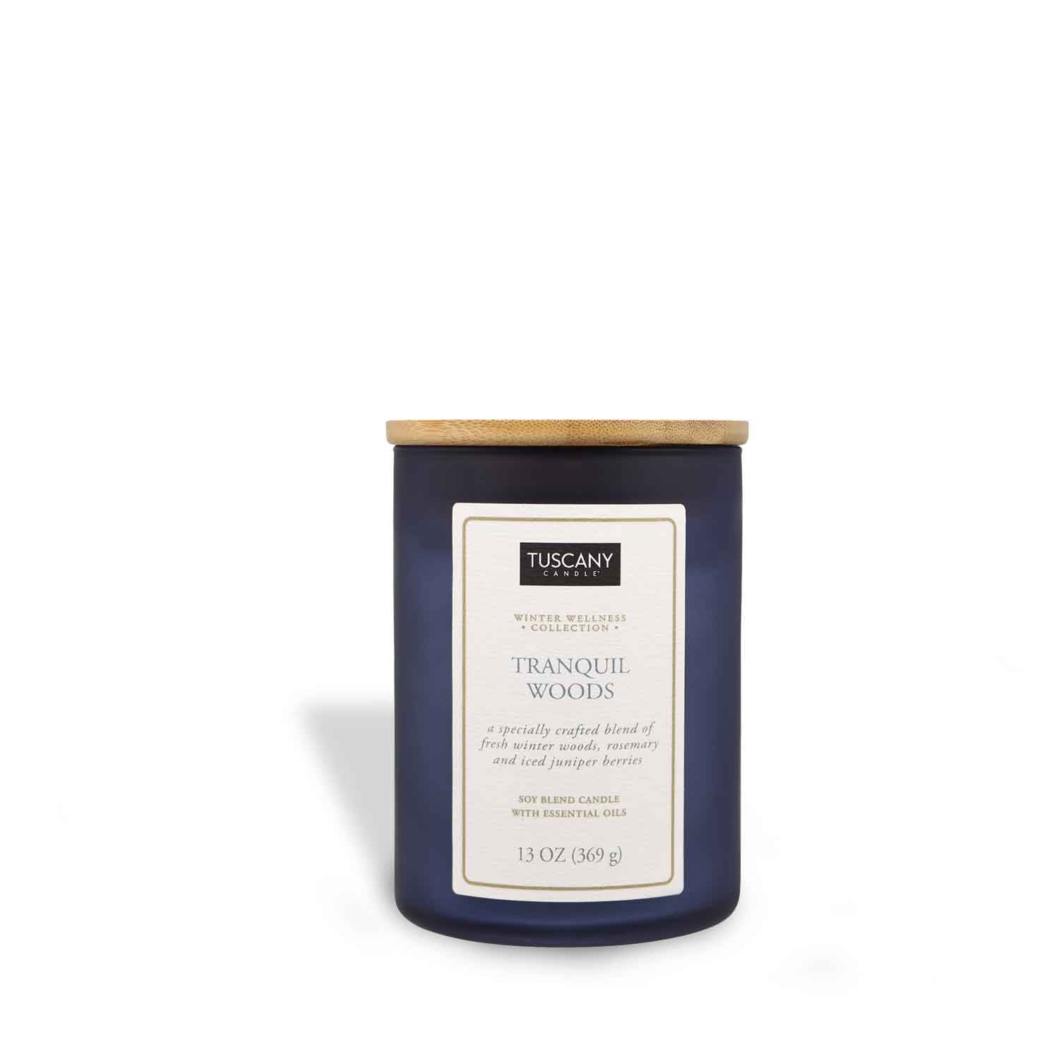 A Tranquil Woods Scented Jar Candle (13 oz) from the Winter Wellness Collection by Tuscany Candle on a white background.