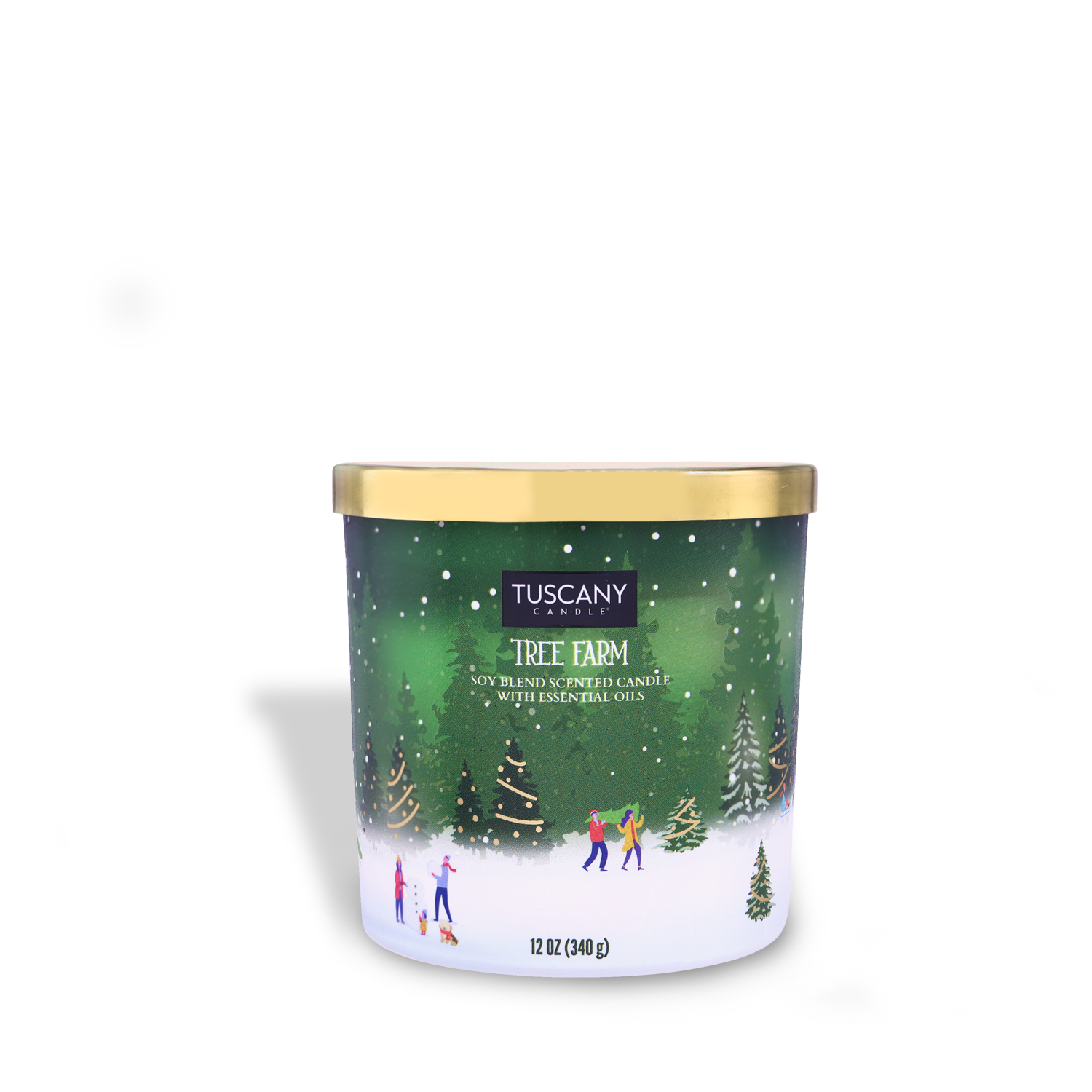 Tree Farm scented candle from the Winter Park collection, housed in a decorative glass jar with a golden lid, displayed against a white backdrop.